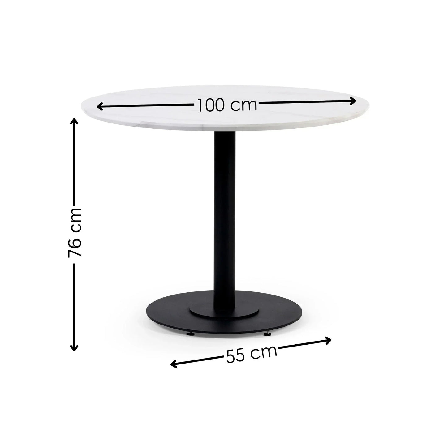 Round dining table with white top, black pedestal base and visible dimensions 100x76x55 cm