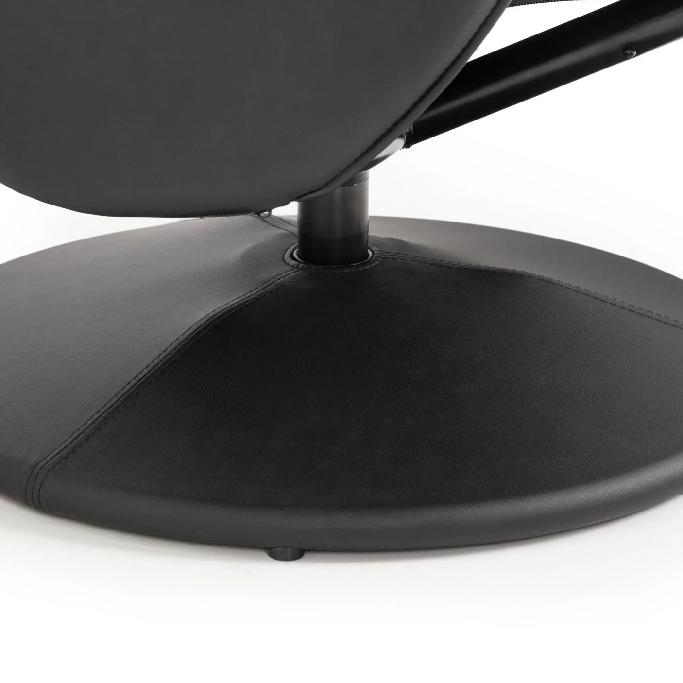 Black leather chair base with round swivel metal support and detailed stitching