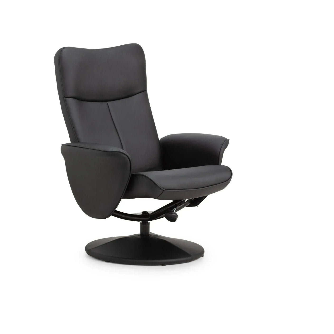 Black swivel recliner chair with padded seat and armrests on circular metal base