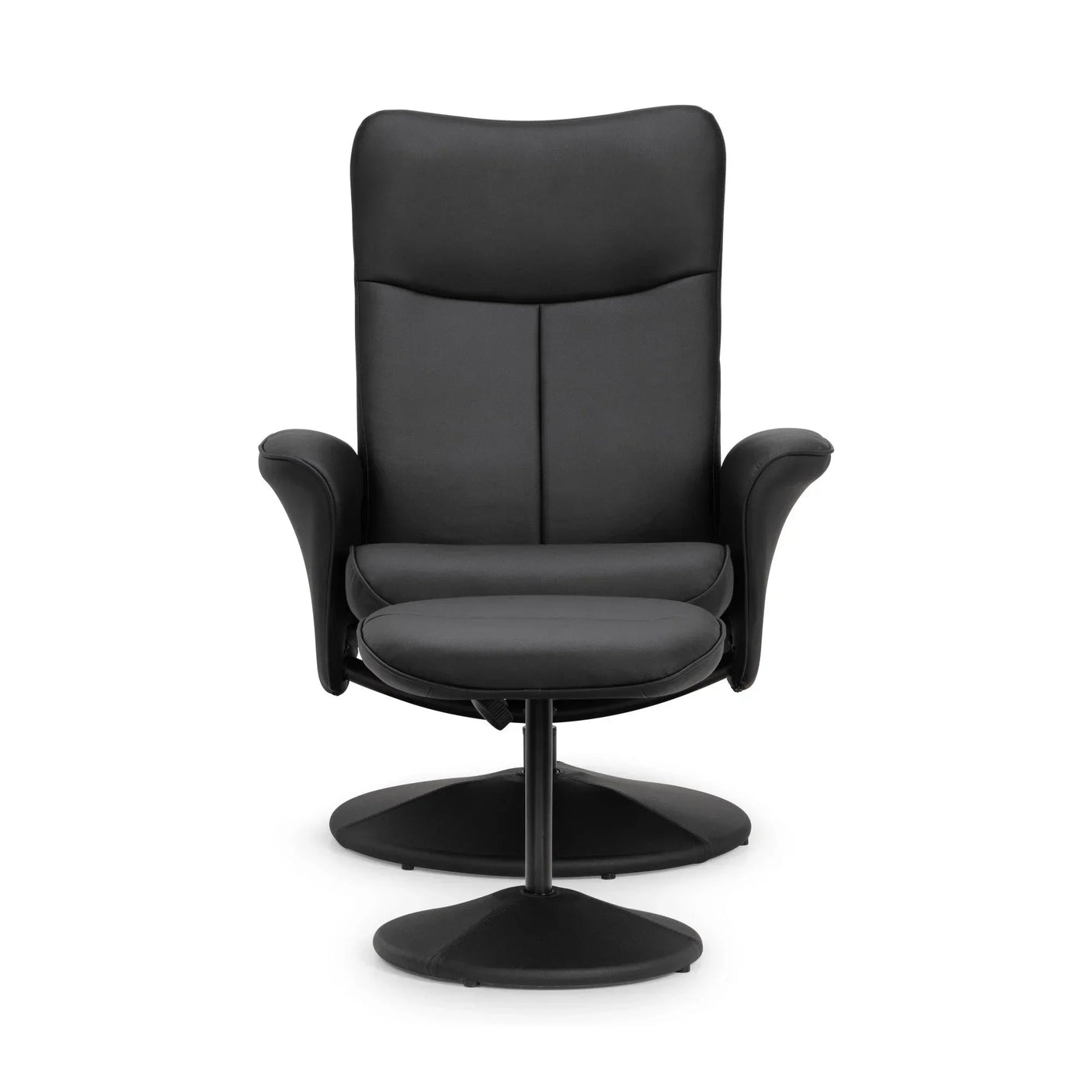 Black leather swivel chair with high backrest and round base, front facing view