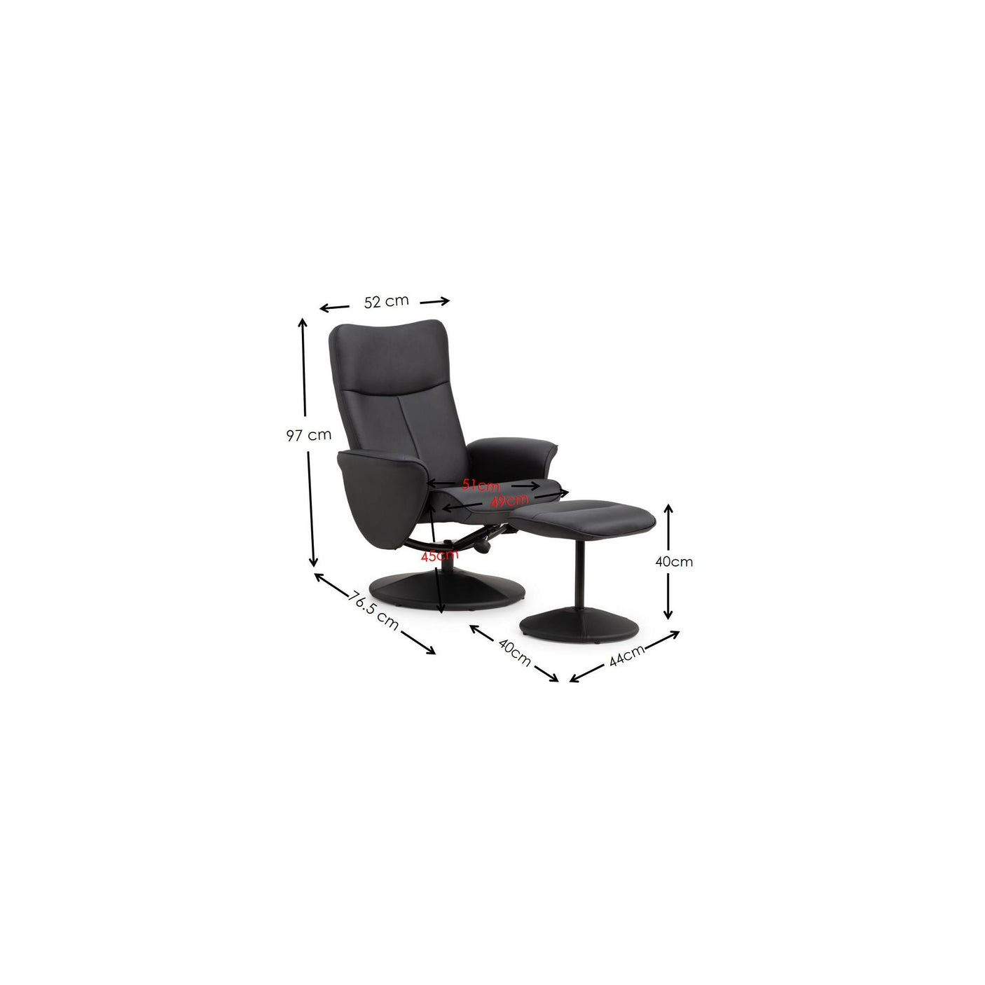 Lugano Recliner And Stool With Covered Base - Black - LUG001
