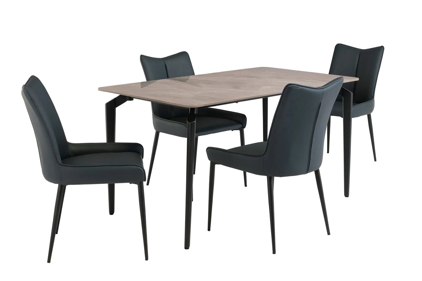 Modern dining table with light wood top and four black upholstered chairs