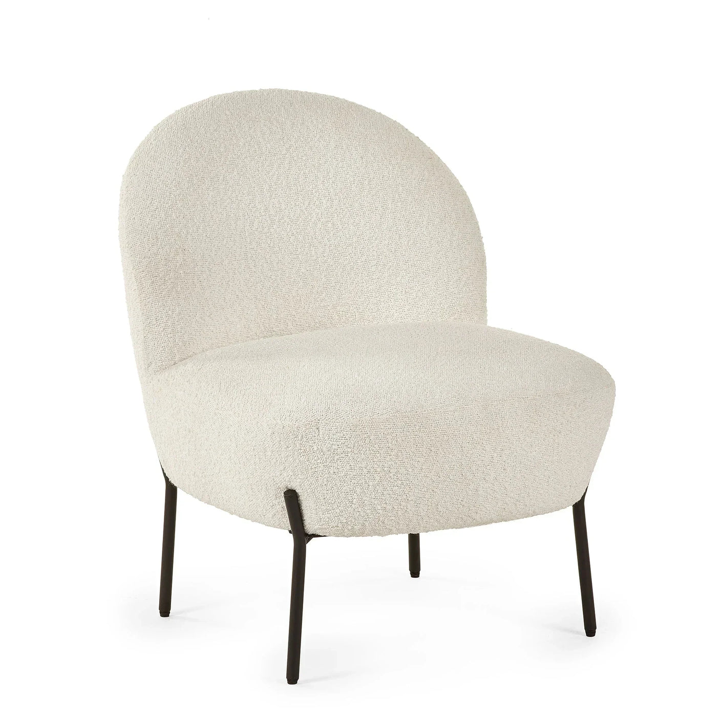 Cream boucle accent chair with rounded back and black metal legs on white background