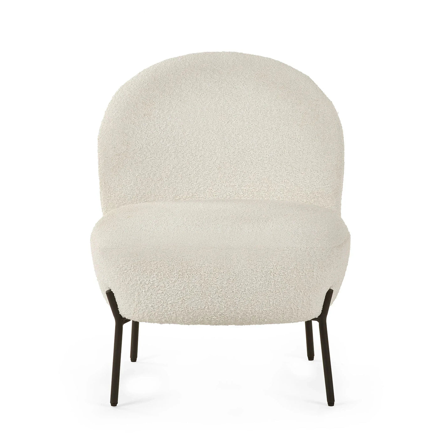 Boucle accent chair with cream upholstery and metal legs, front view on white background