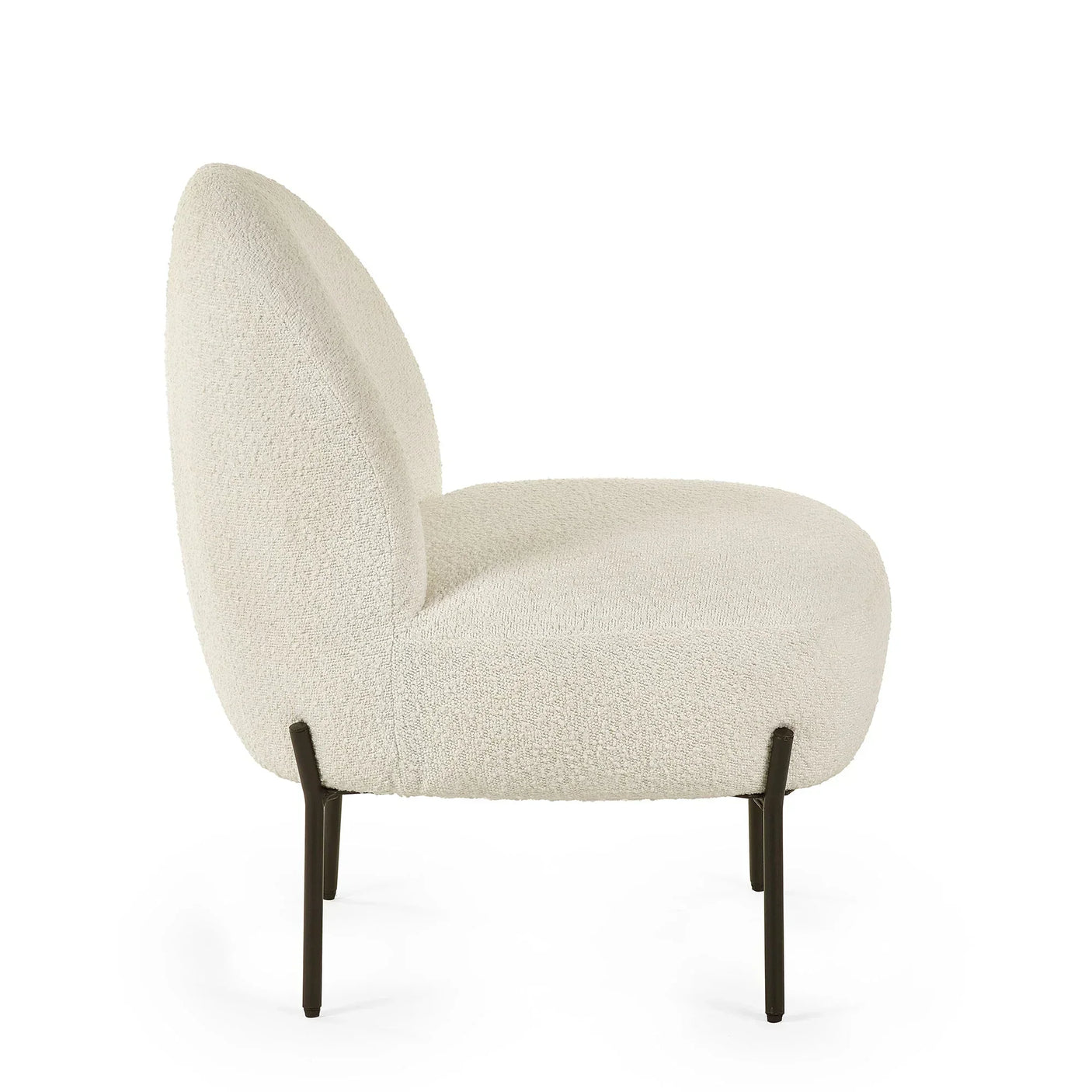 Boucle accent chair in cream with rounded backrest and slim black legs, side profile view