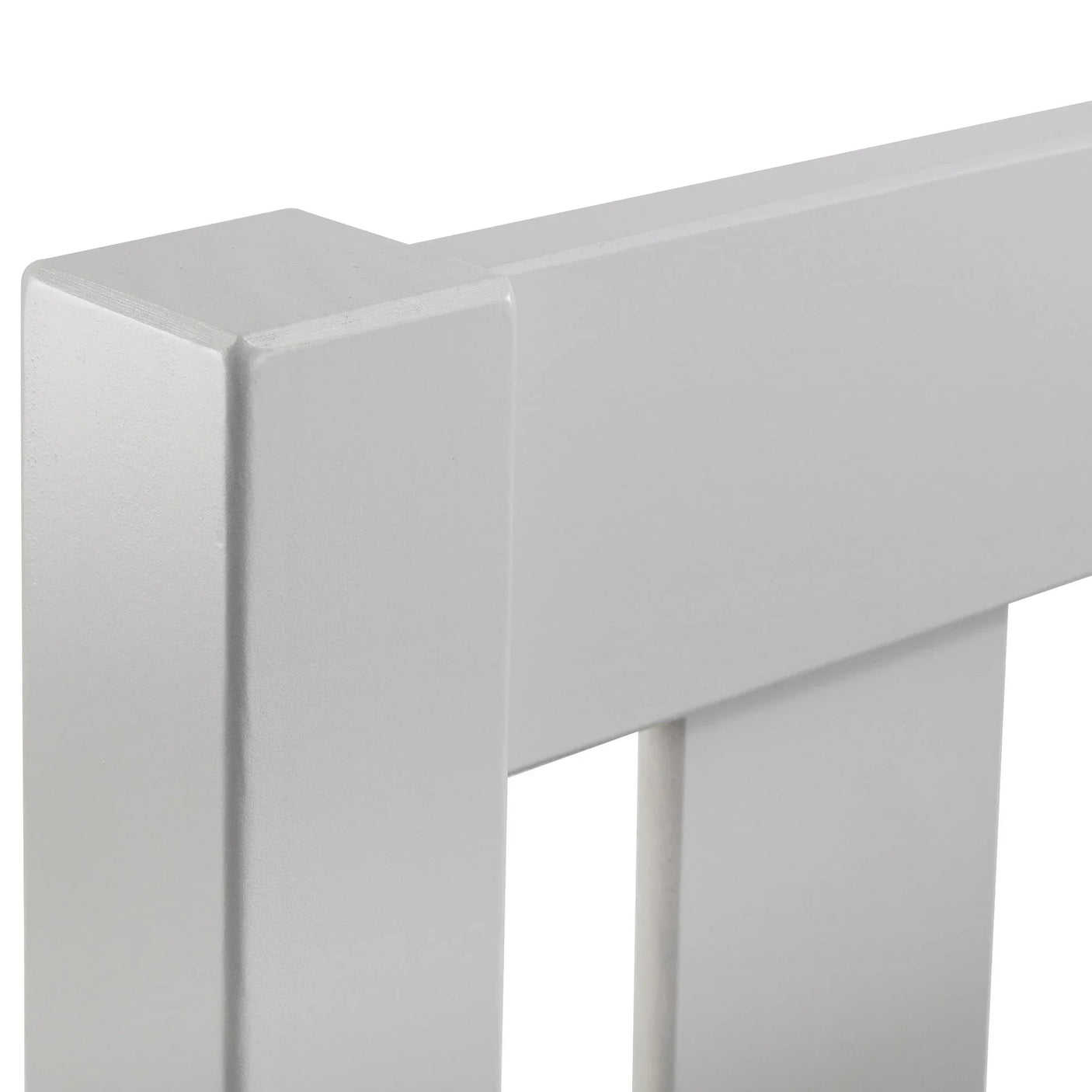 Close-up of dove grey single bed headboard with clean lines and smooth wood finish