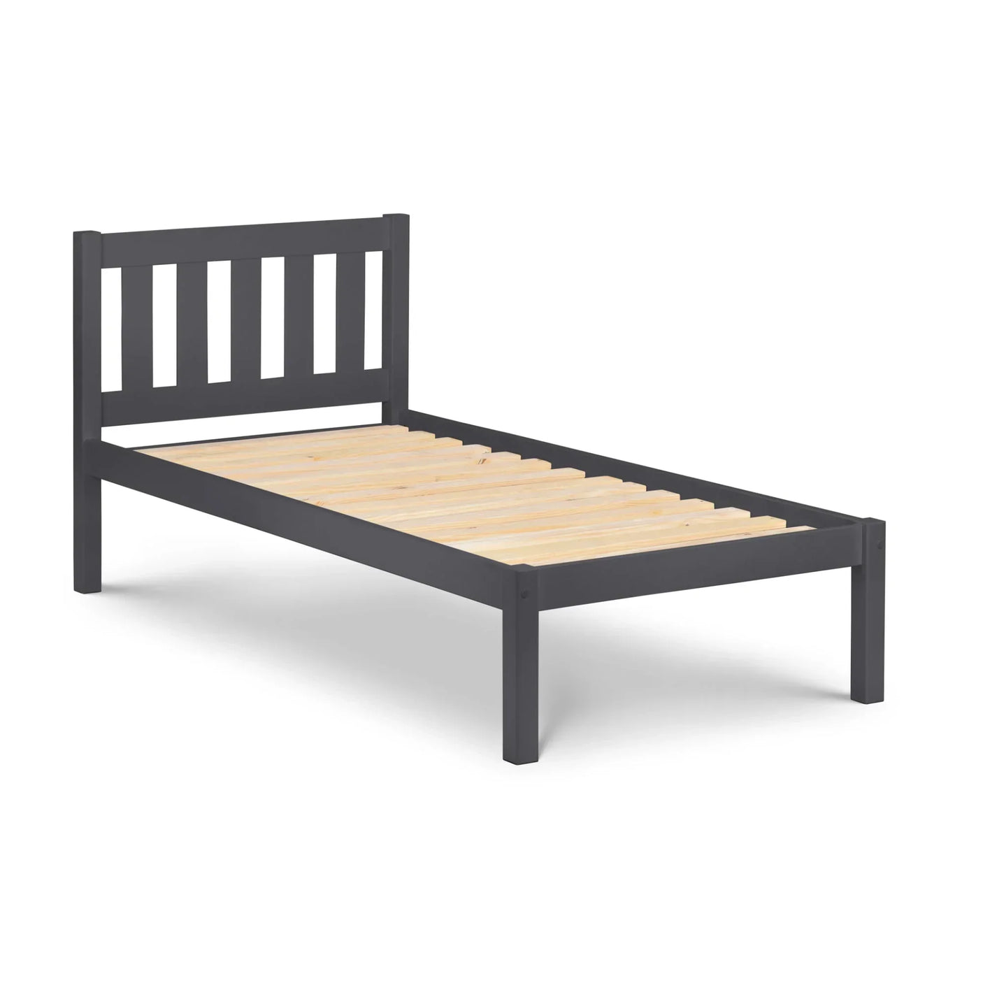 Anthracite single bed frame with slatted wooden base and vertical slat headboard