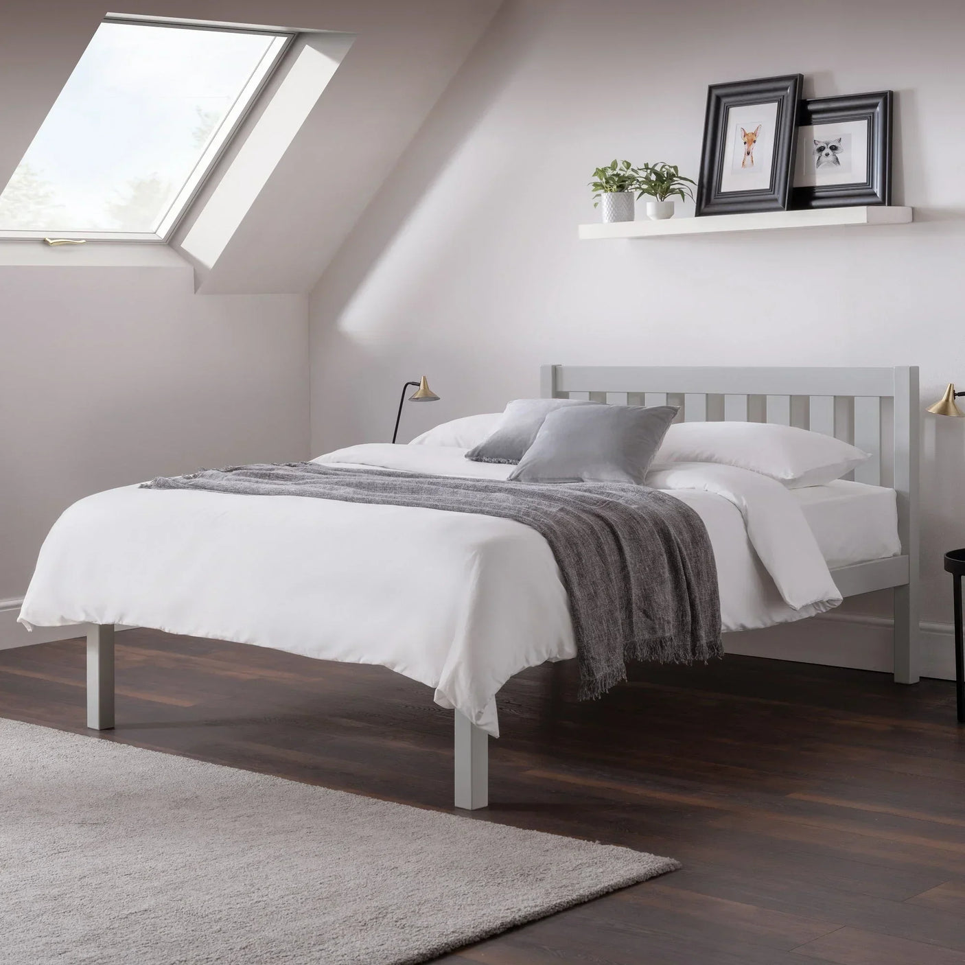 Dove grey double bed with slatted headboard, white bedding, grey throw in modern bedroom