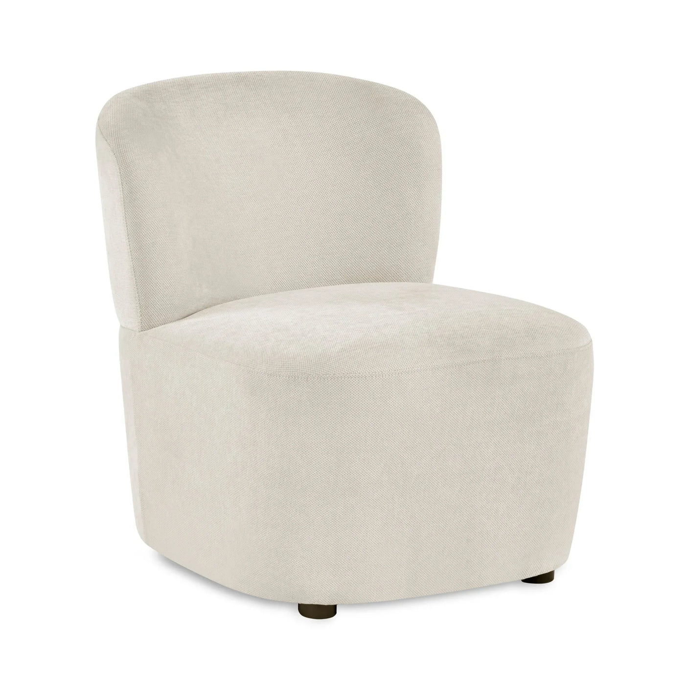 Beige accent chair with curved backrest and soft upholstered fabric, front angle view