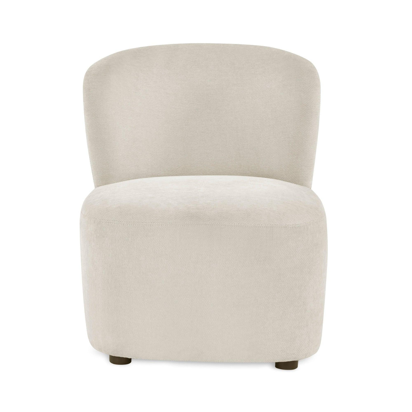 Beige accent chair with curved backrest and upholstered fabric, front view