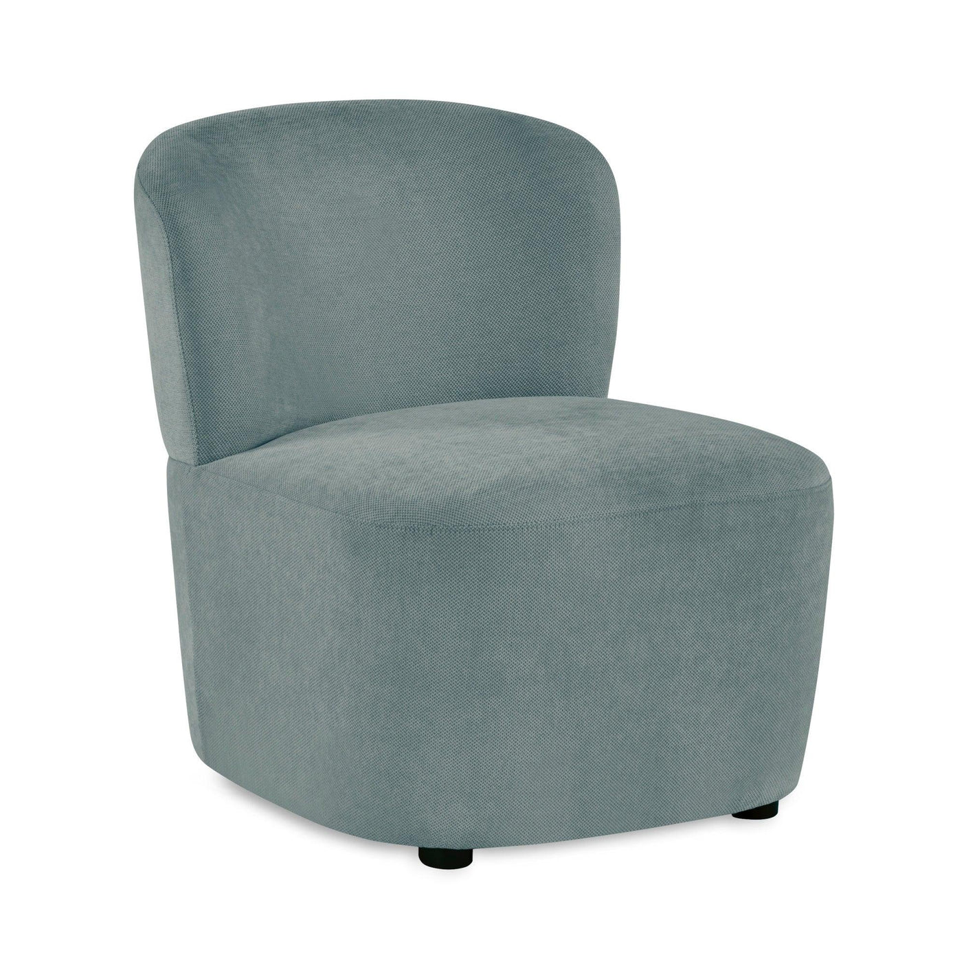 Light blue accent chair with curved backrest and textured fabric upholstery