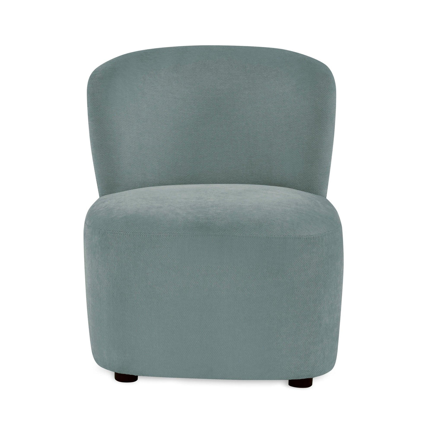 Modern accent chair in light blue fabric with curved backrest, front view