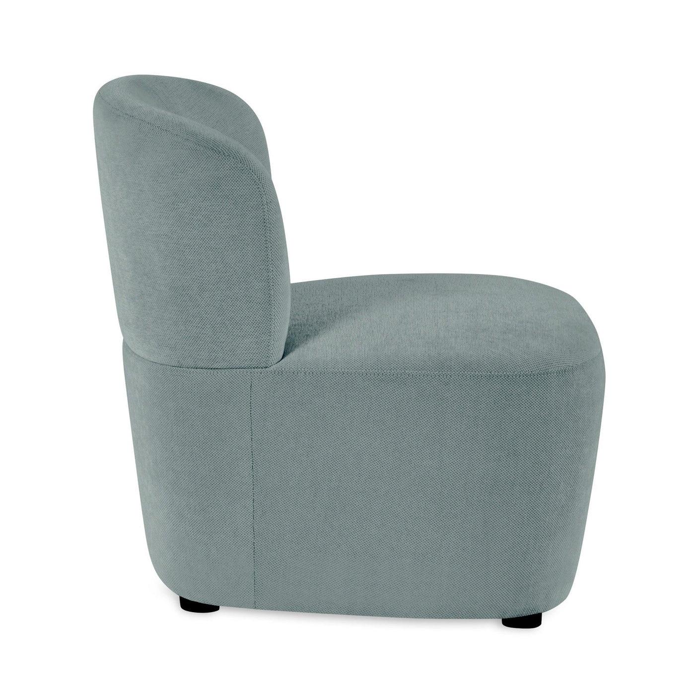 Side view of modern blue fabric accent chair with curved backrest and soft upholstery