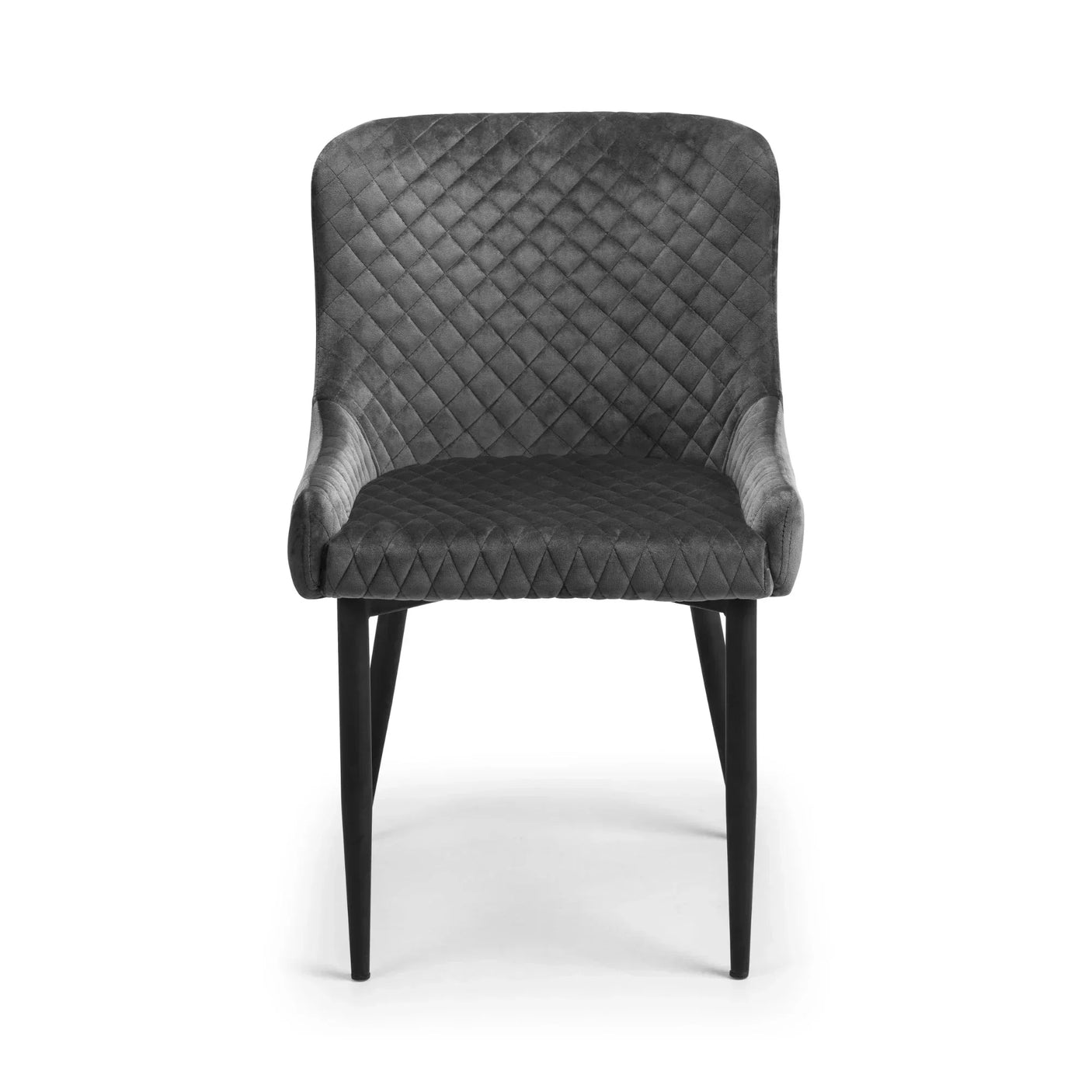 Grey velvet dining chair with quilted upholstery and black tapered legs, front view