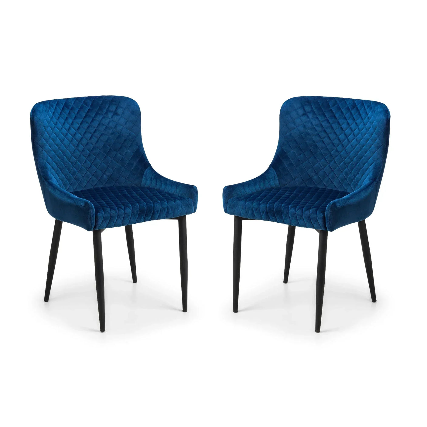 Pair of blue velvet dining chairs with diamond stitching and black legs on white background