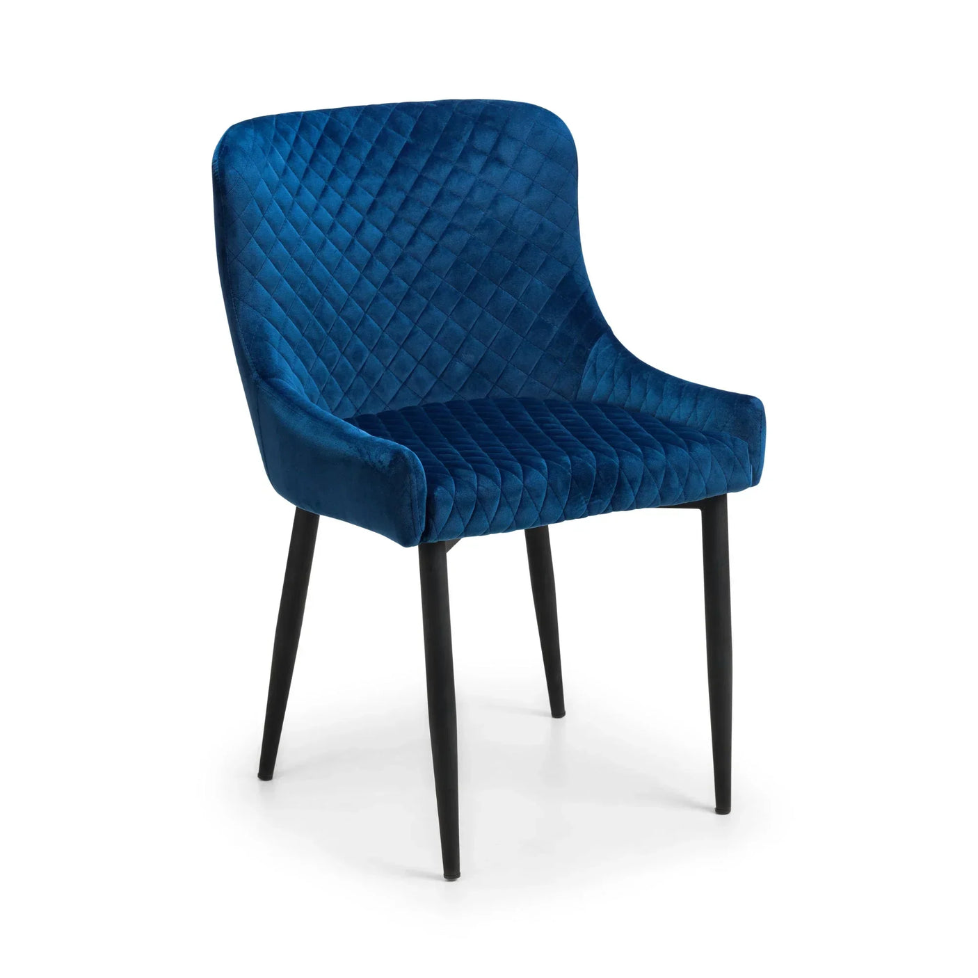 Blue velvet dining chair with quilted seat and black legs on white background