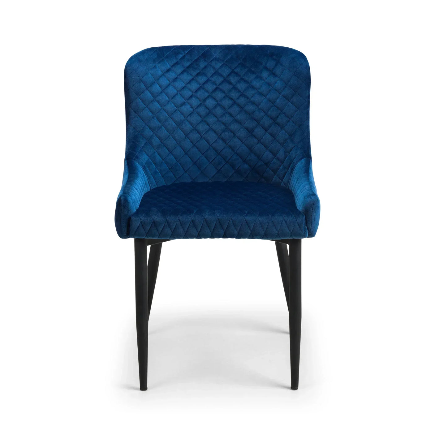 Blue velvet dining chair with diamond-stitched upholstery and black tapered legs, front view