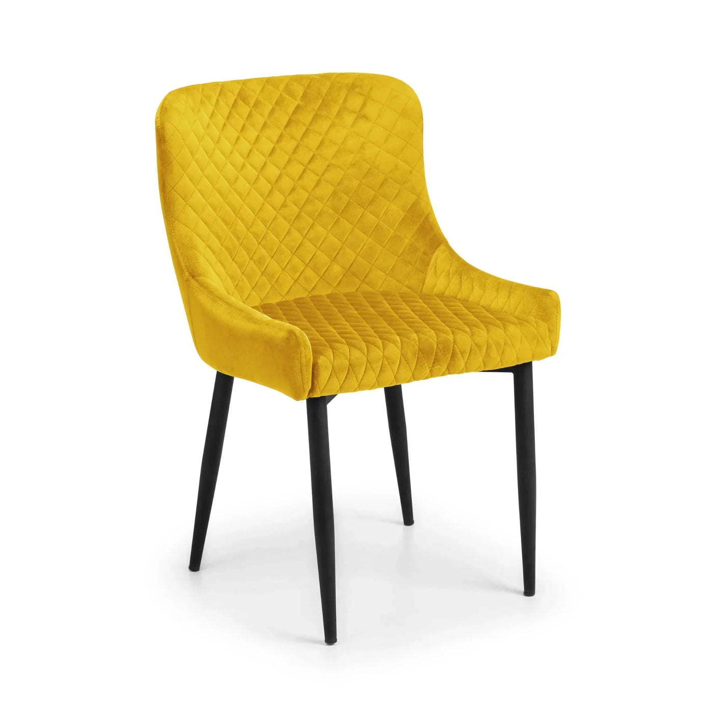 Mustard velvet dining chair with diamond stitching and black metal legs on white background