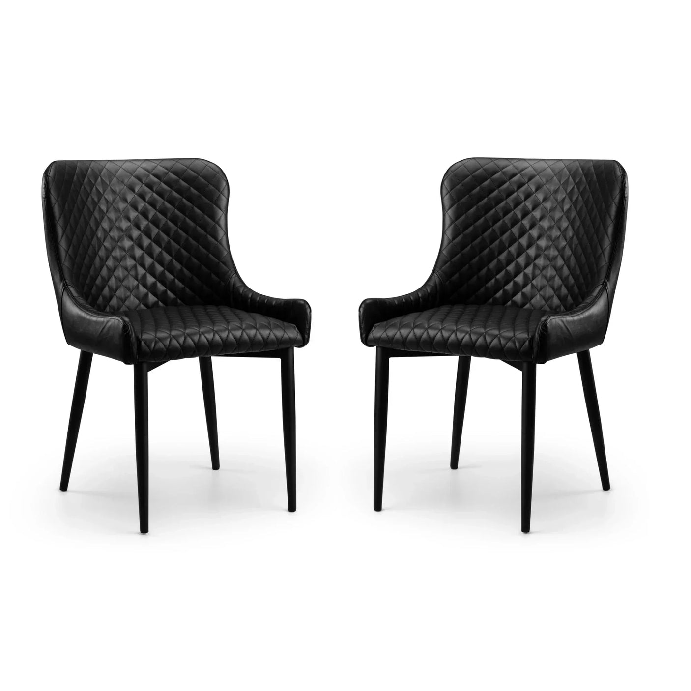 Set of two black faux leather dining chairs with quilted seats and slim legs on white background