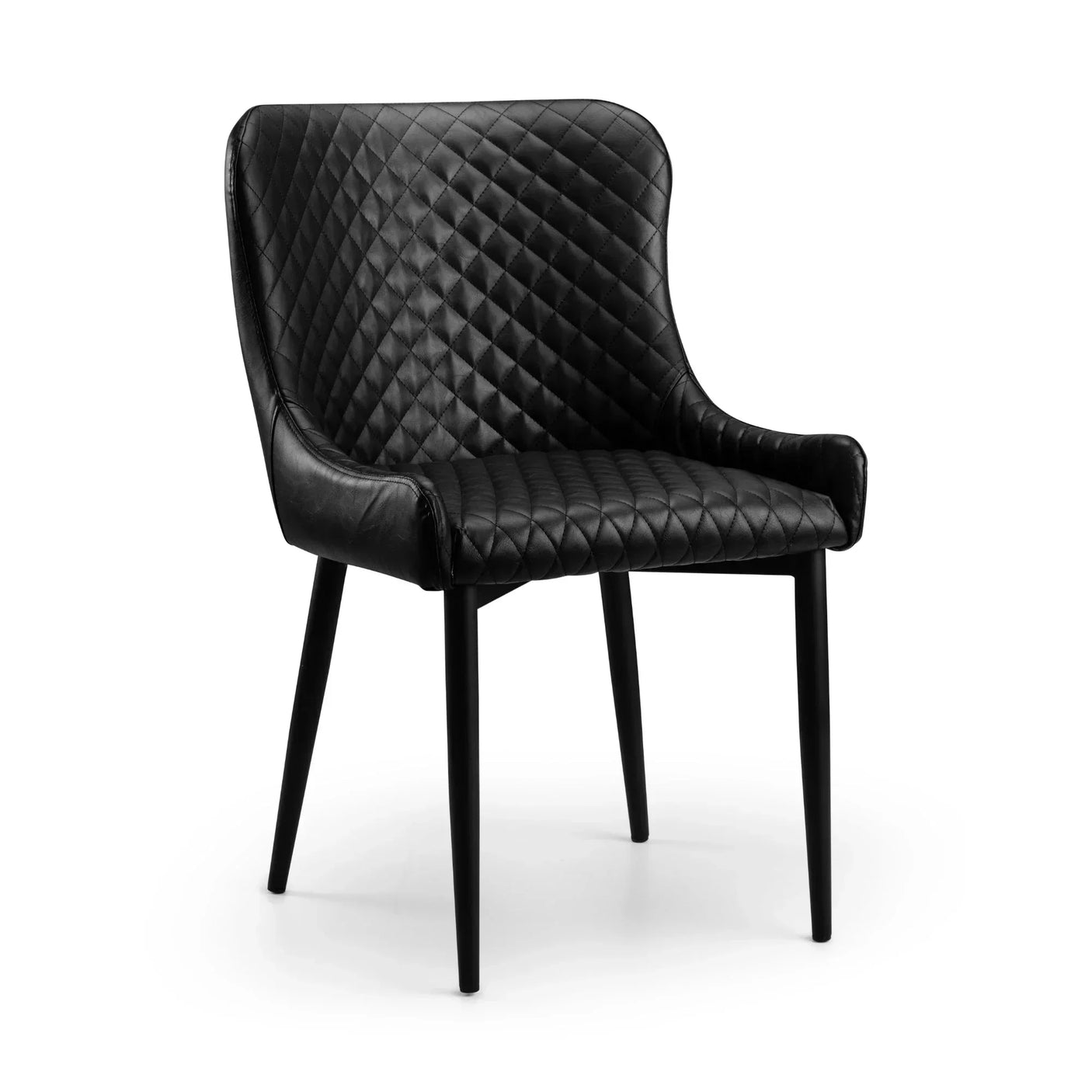 Black faux leather dining chair with quilted seat and tapered legs on white background