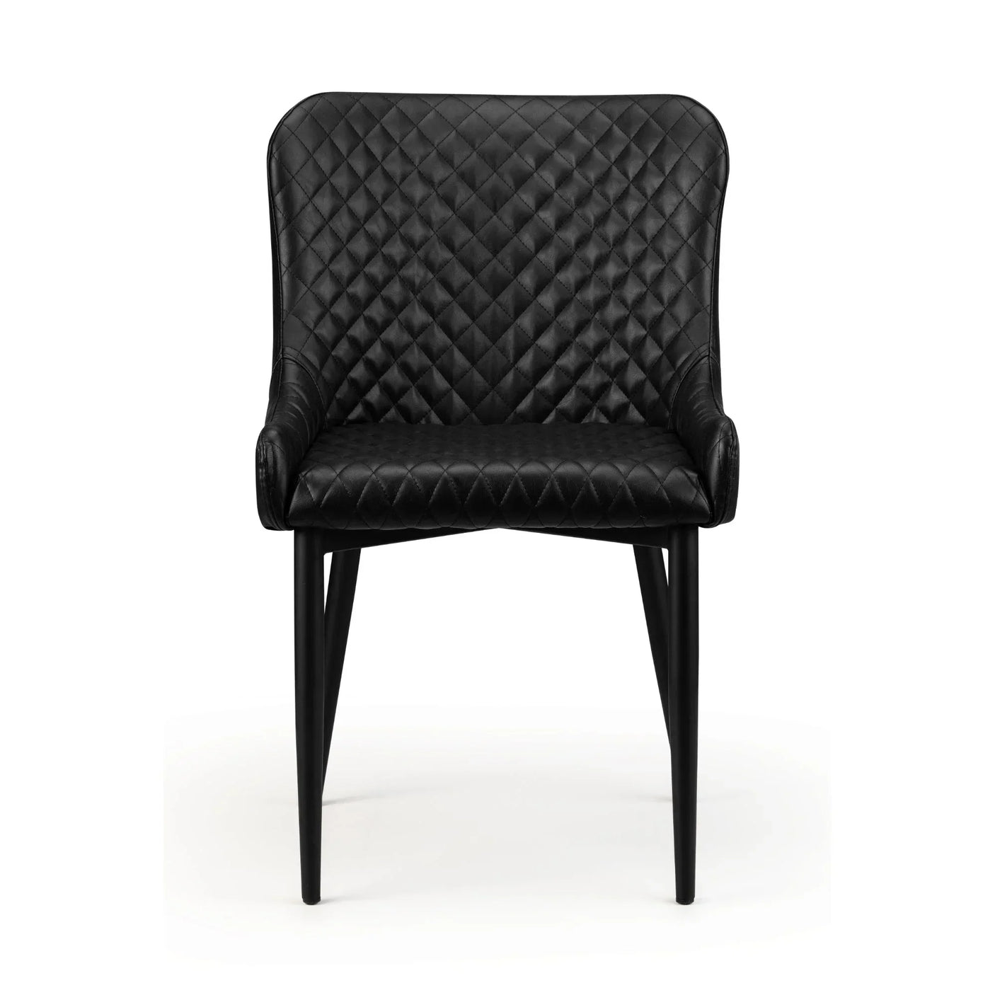 Black faux leather dining chair with quilted seat and backrest, front view