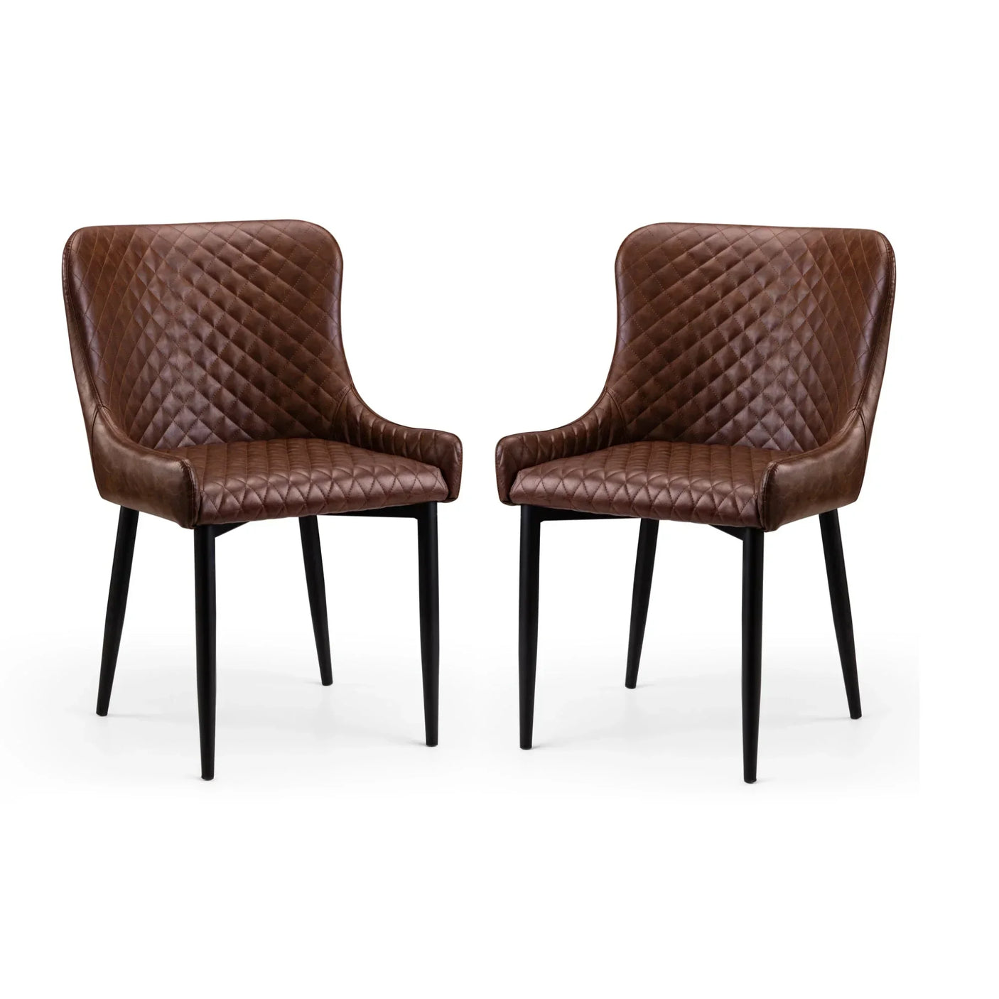 Brown faux leather dining chairs with quilted pattern and black legs, front view