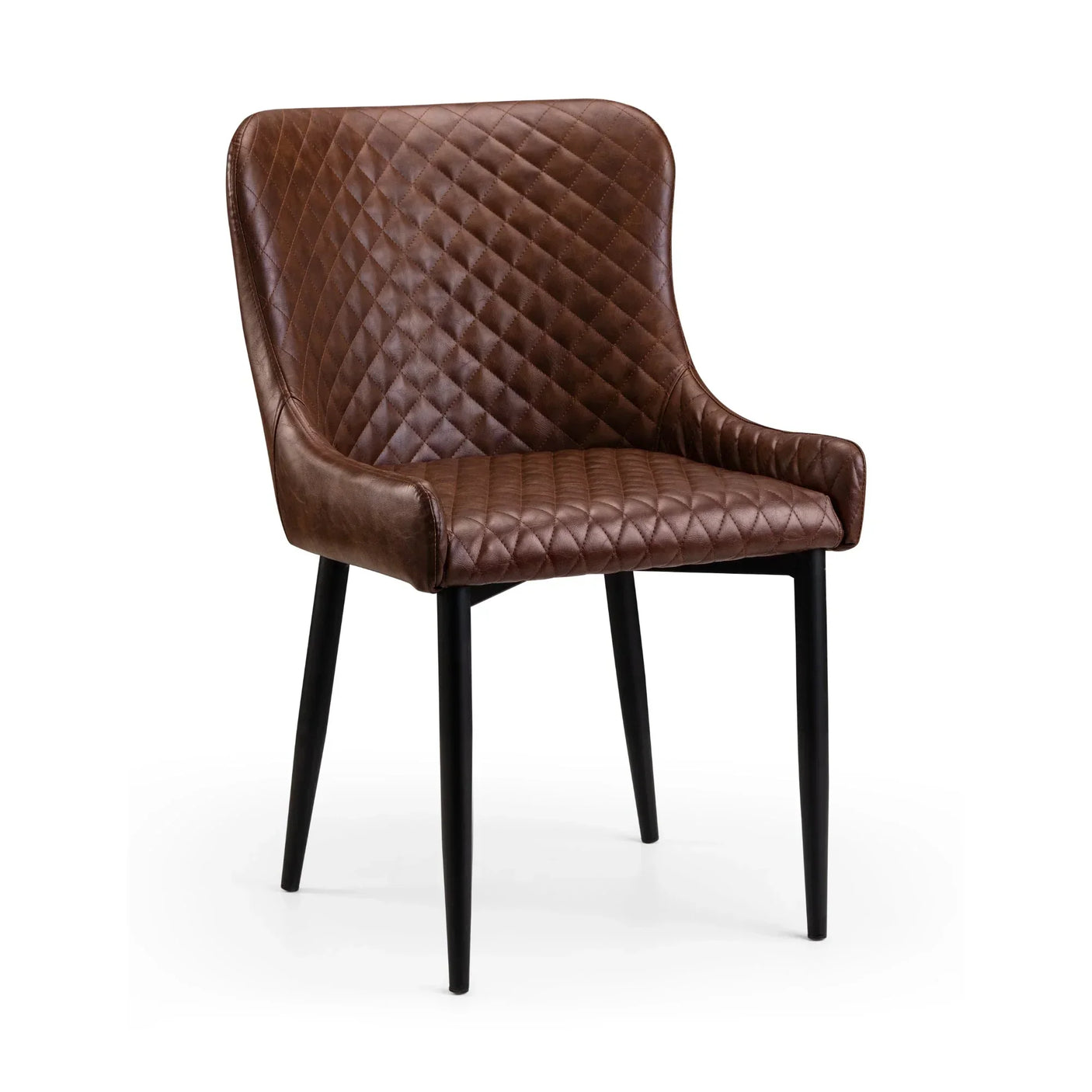 Brown faux leather dining chair with quilted seat and backrest, black tapered legs