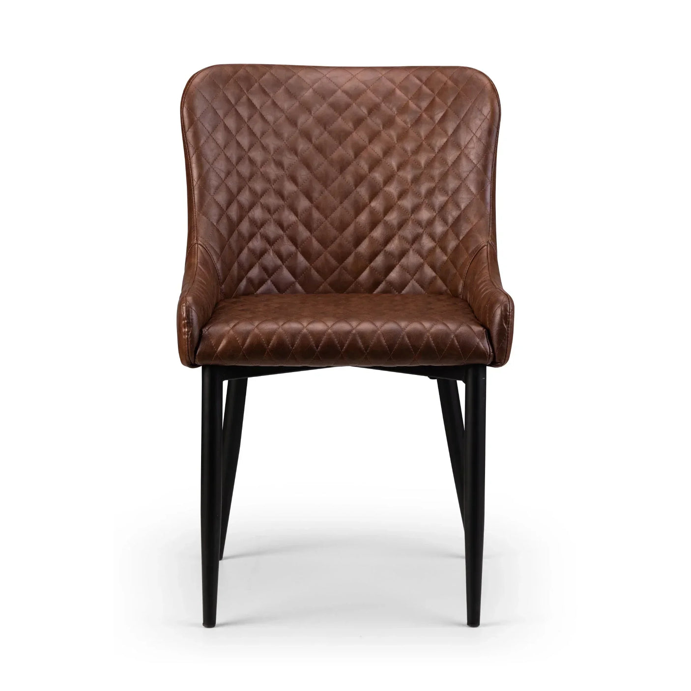 Brown faux leather dining chair with quilted pattern and black legs, front view