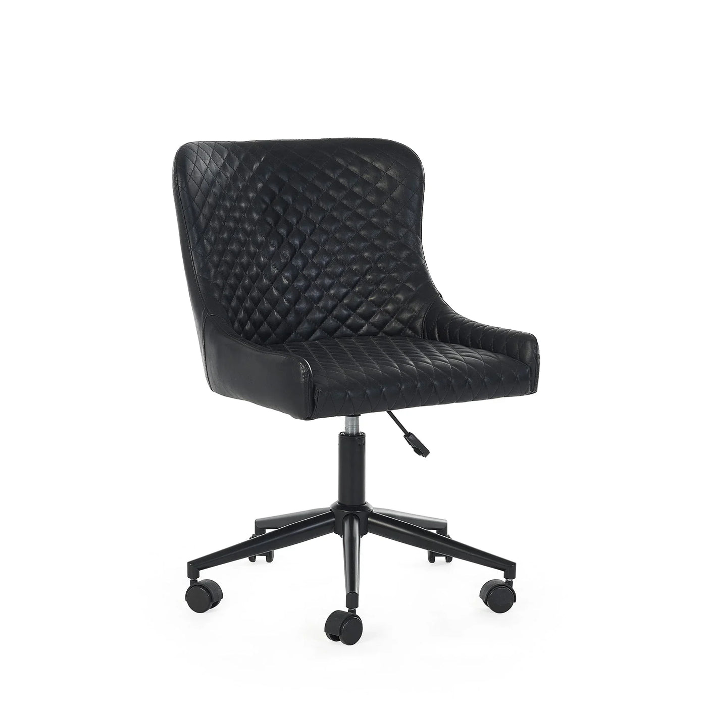 Black faux leather office chair with quilted seat, adjustable height and swivel base on castors