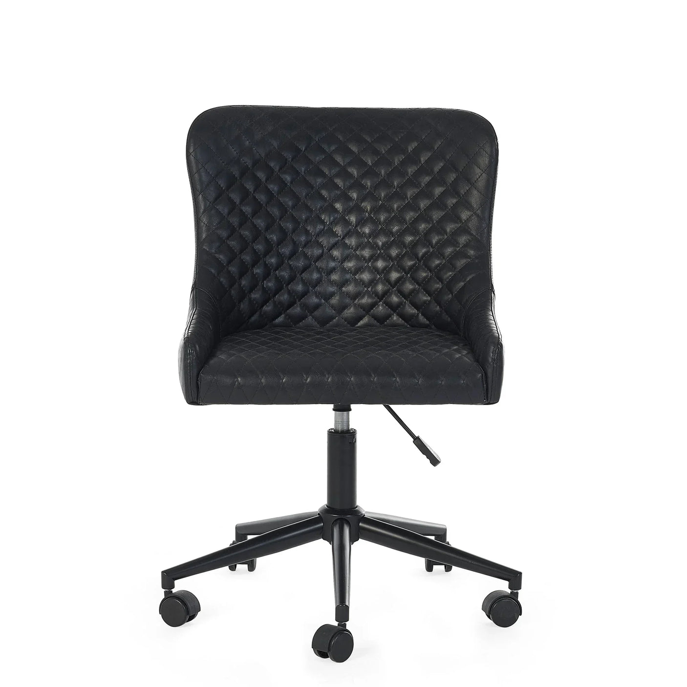 Black faux leather office chair with quilted seat and swivel base on castor wheels