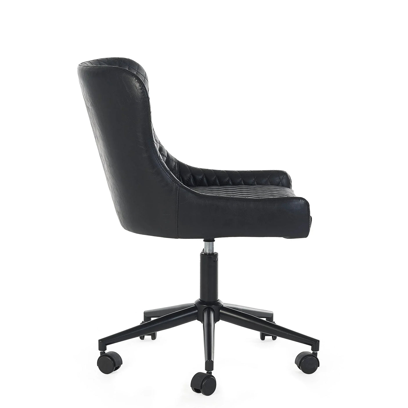 Black faux leather office chair with armrests and quilted seat, side view on white background