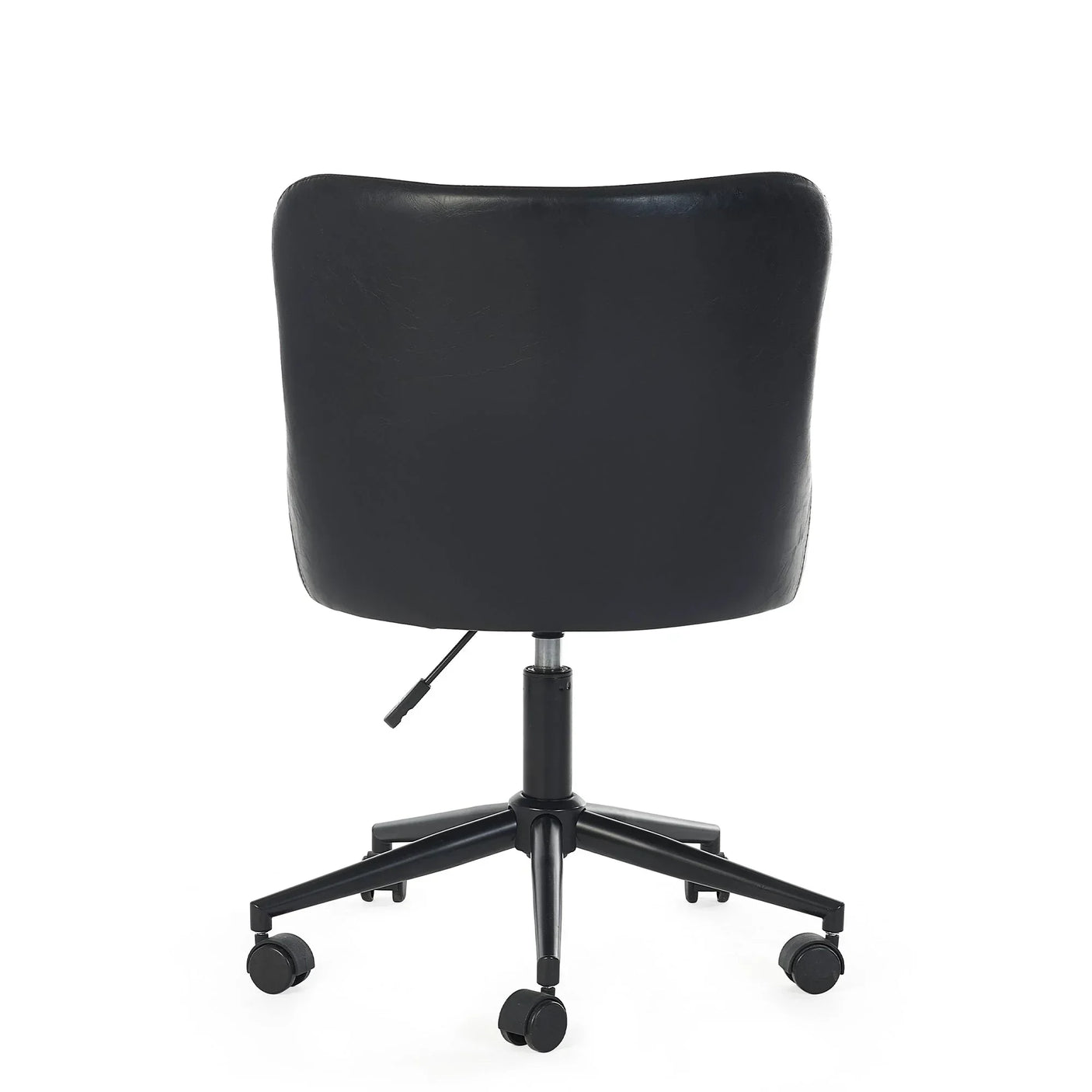 Back view of black faux leather office chair with adjustable height and wheels