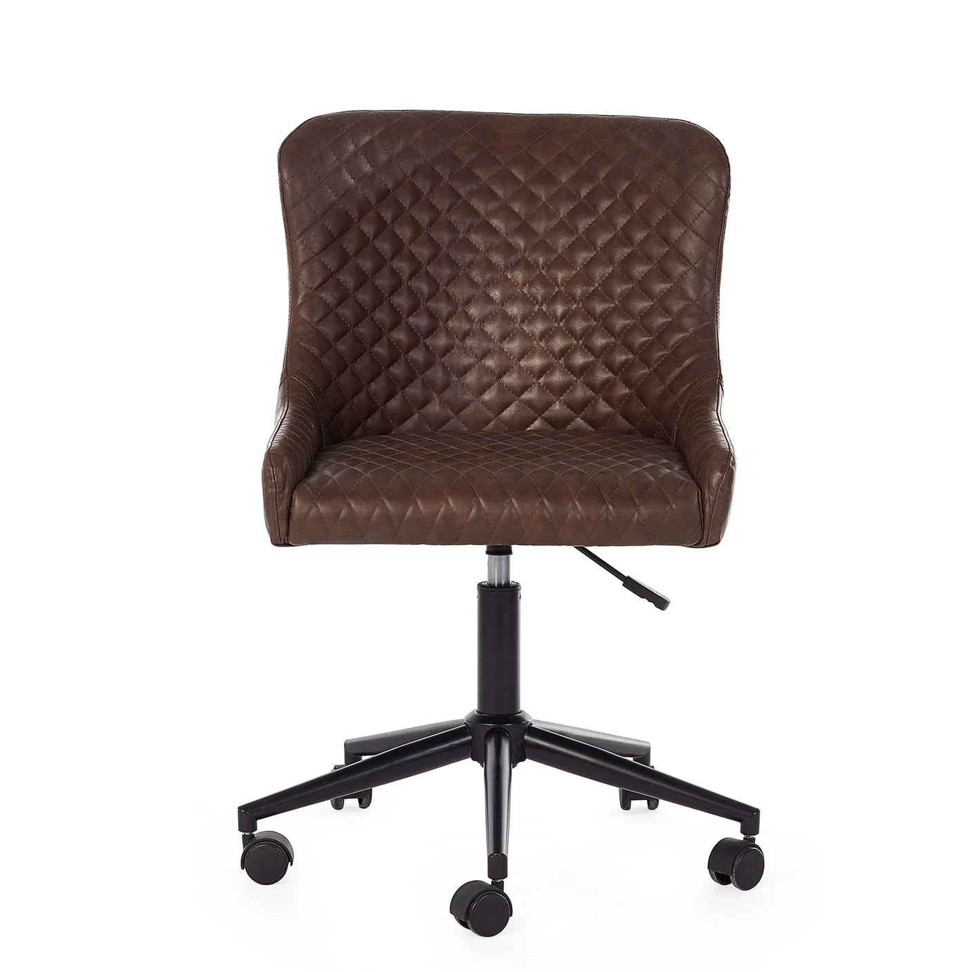 Brown faux leather office chair with quilted backrest and black wheeled base, front view