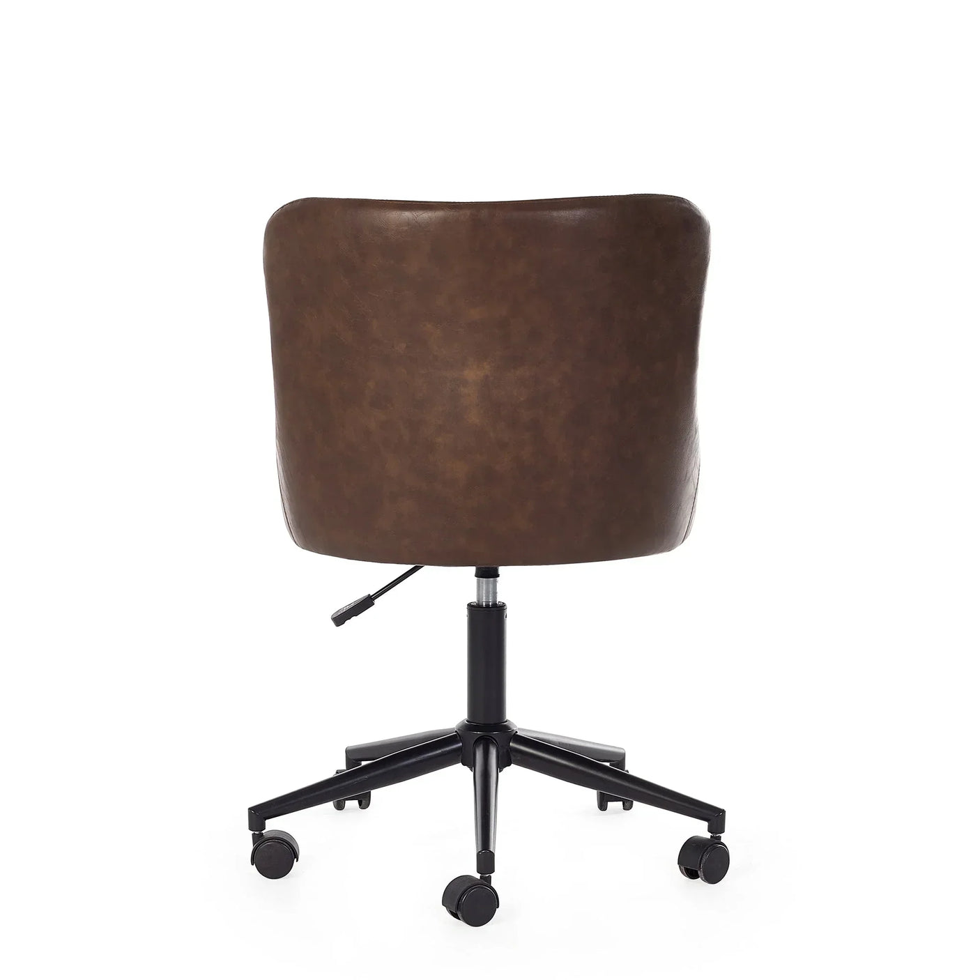 Brown faux leather office chair rear view with black base and caster wheels