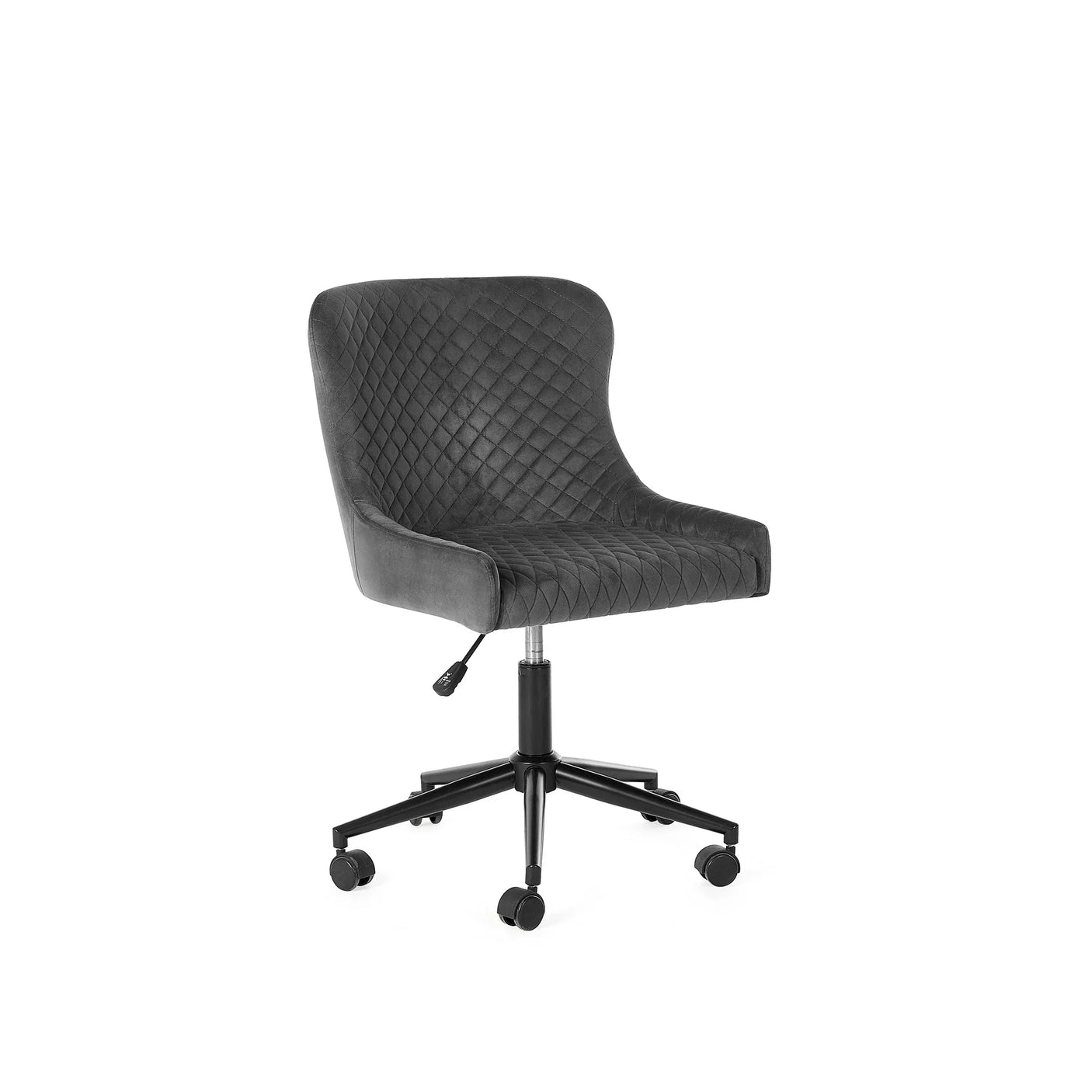 Grey velvet office chair with quilted seat, black swivel base and wheels, side view