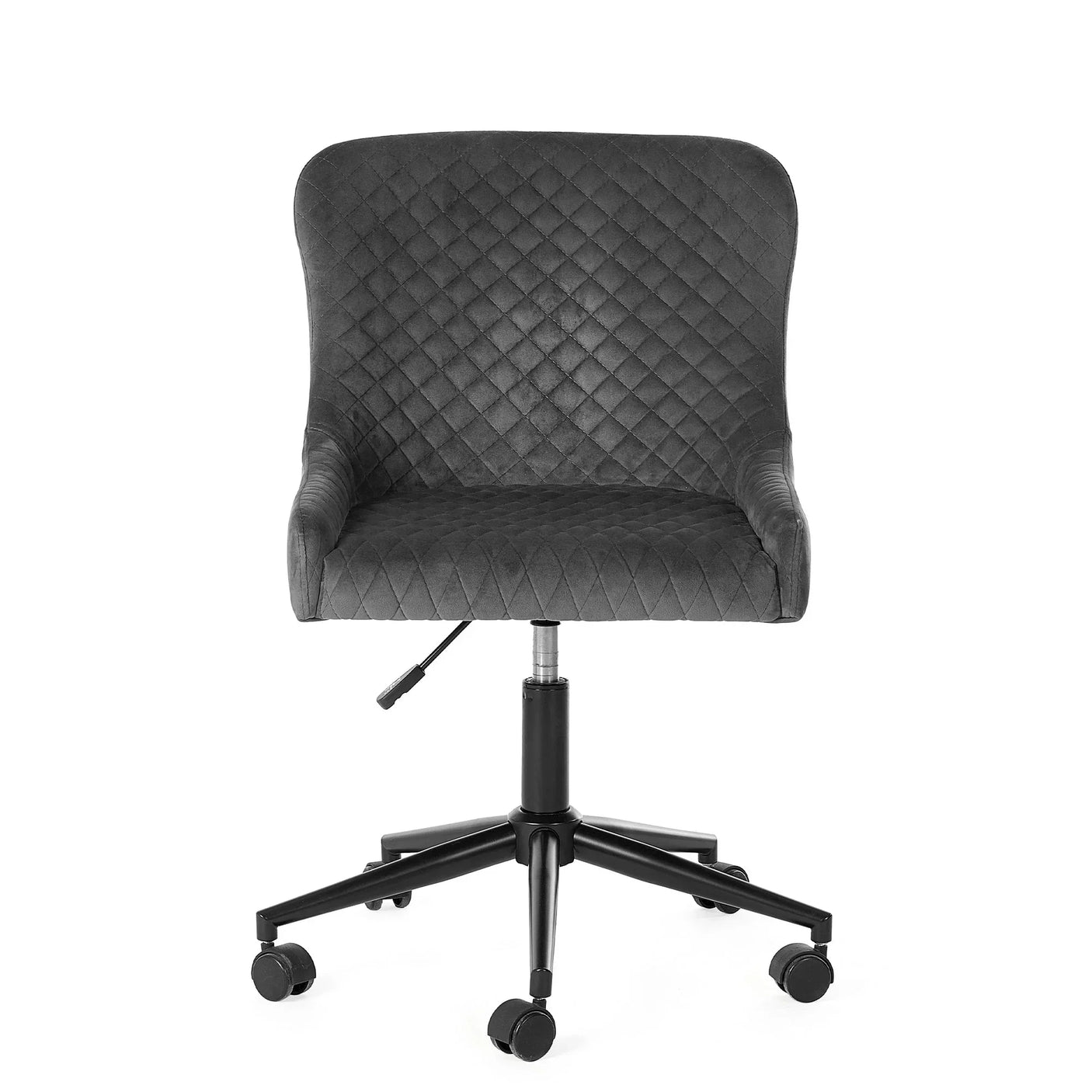Grey velvet office chair with diamond quilting and black swivel base, front view