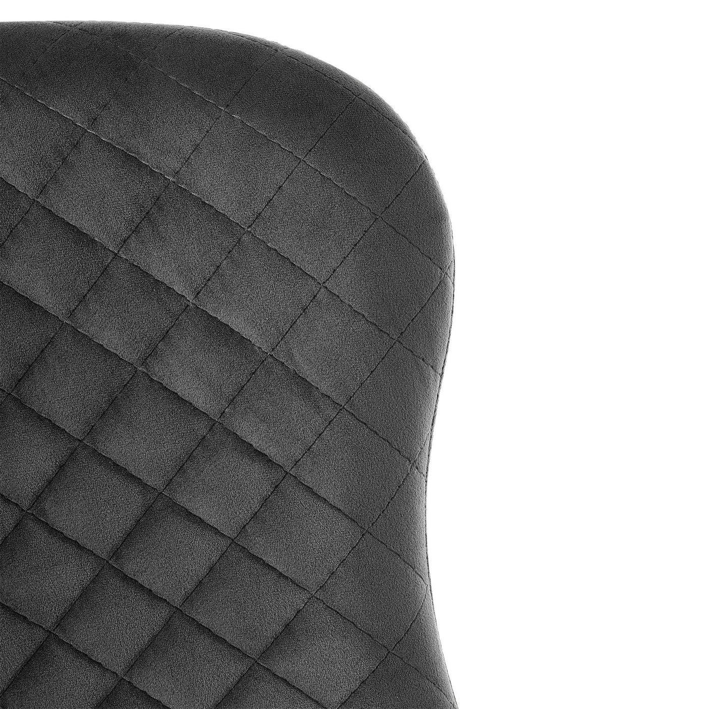 grey velvet office chair with diamond-stitched backrest detail, close up view