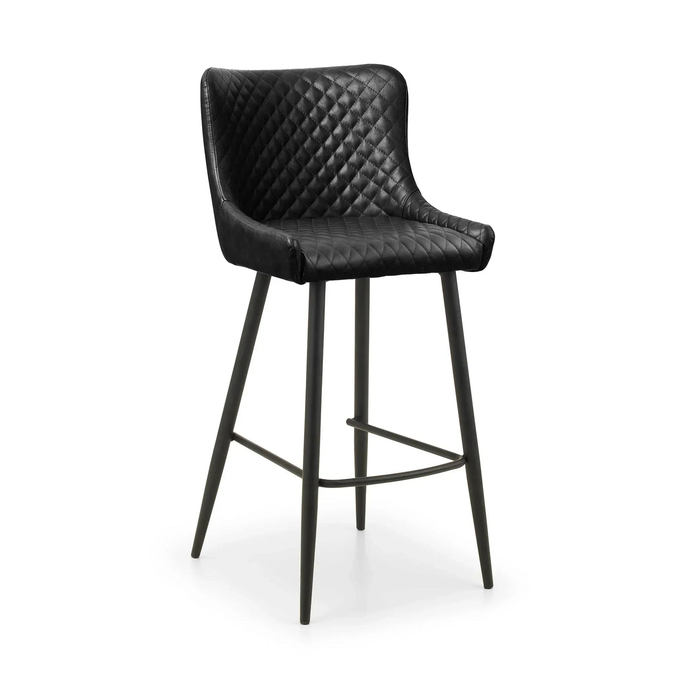 black faux leather bar stool with quilted seat and metal legs on white background