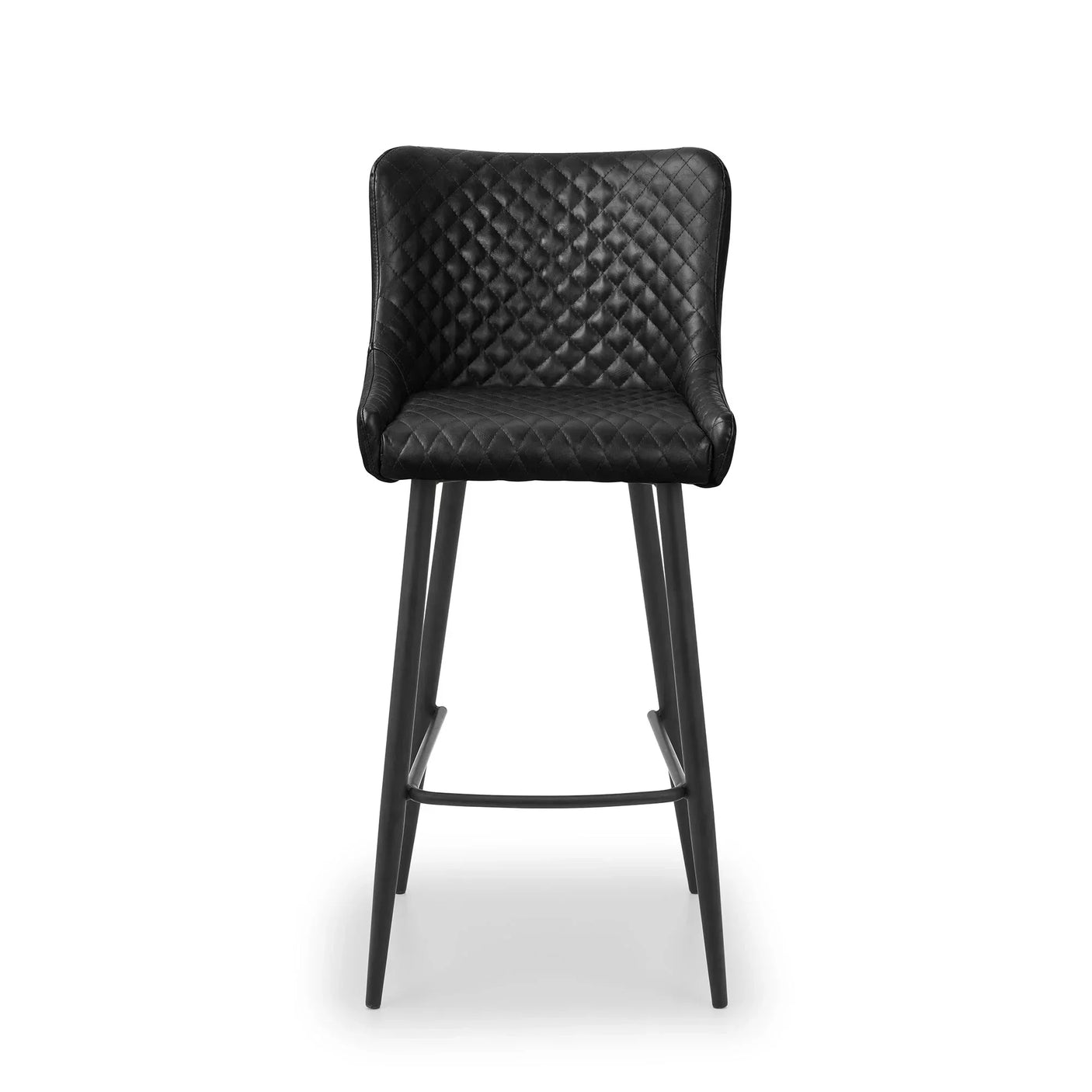 Black faux leather bar stool with quilted seat and tall metal legs, front view