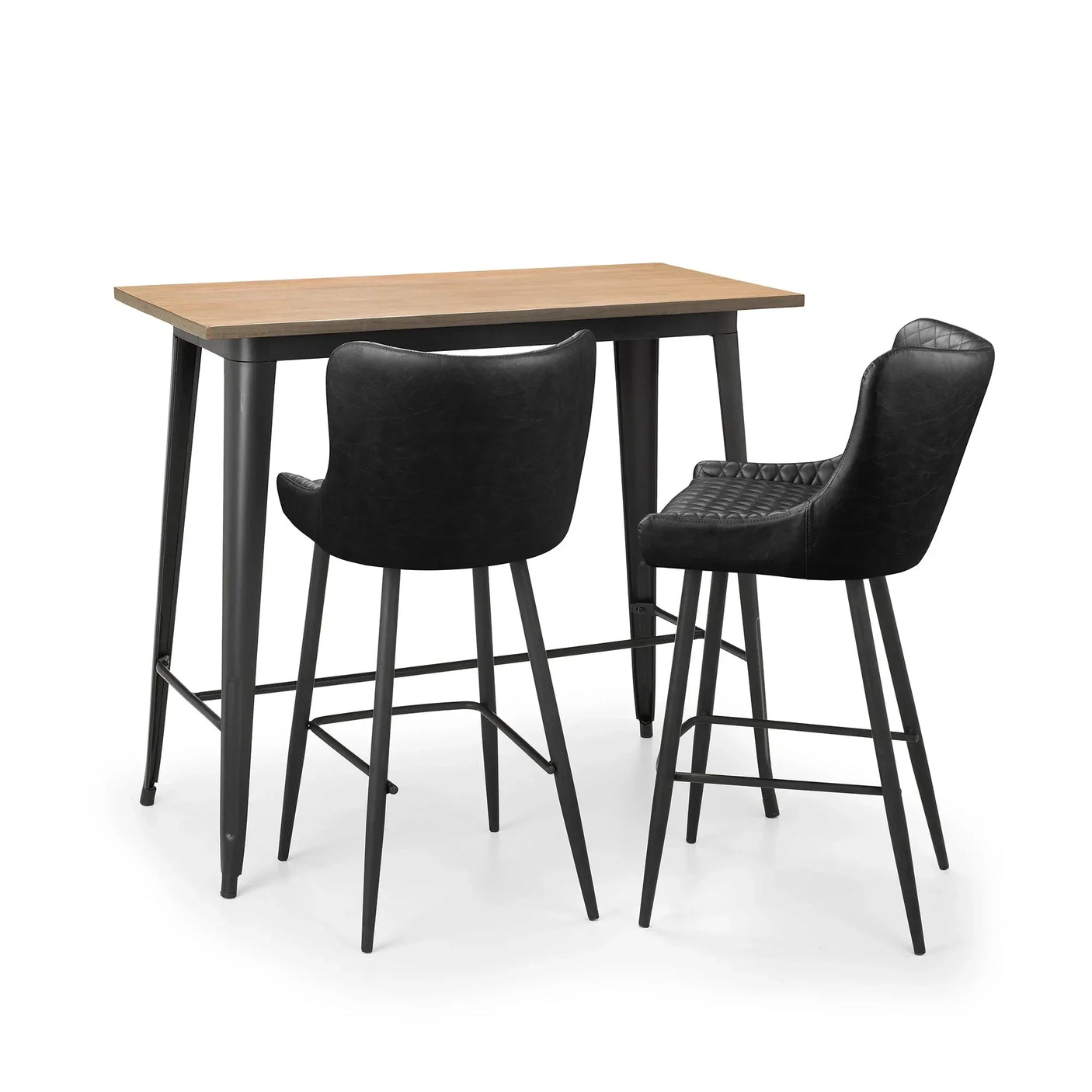 Black faux leather bar stools with quilted seats beside a rectangular wood bar table