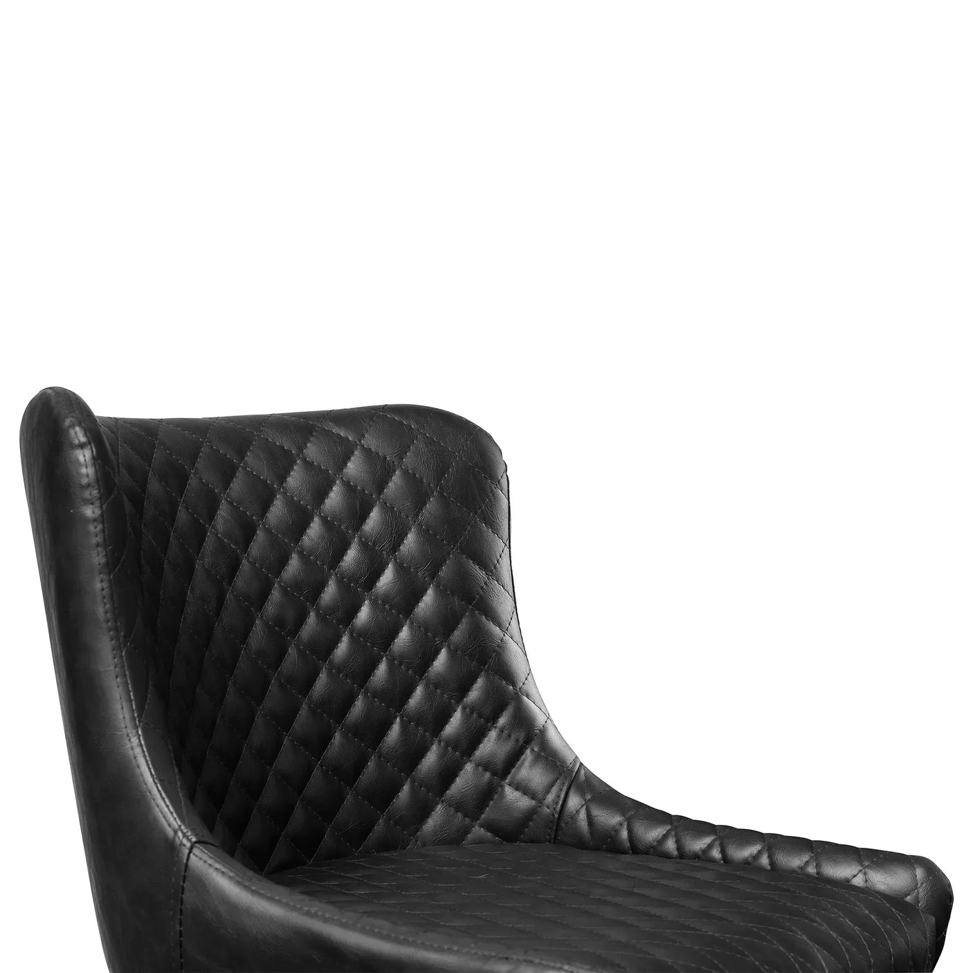 Black faux leather bar stool with quilted diamond stitching on backrest and seat