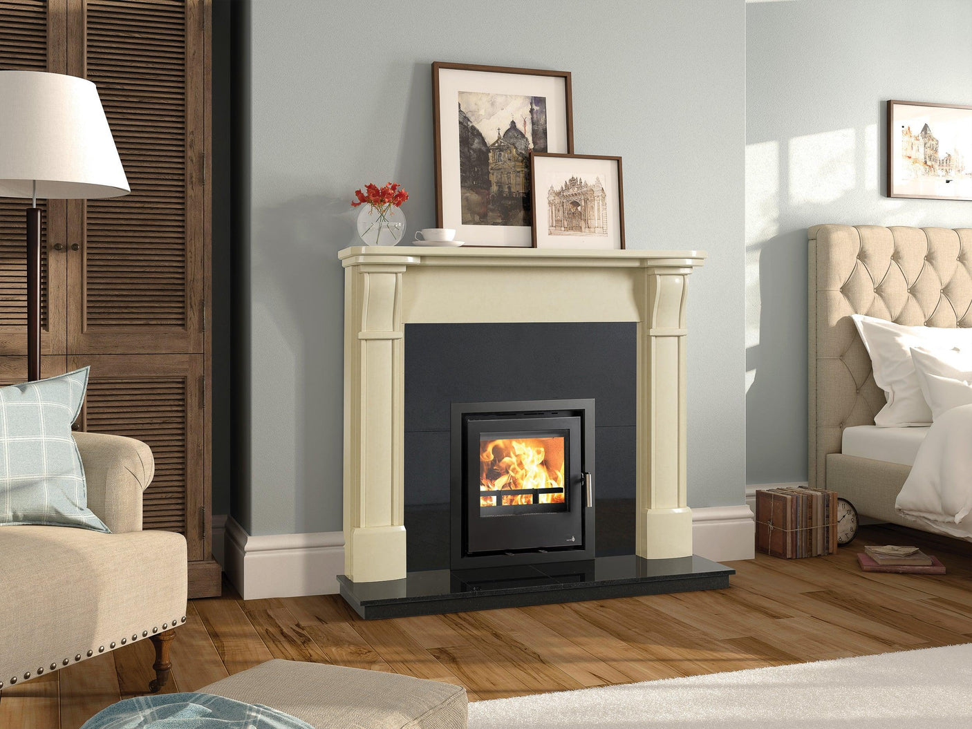 Modern cream fireplace with wood-burning stove in cosy bedroom, wood floor, neutral decor