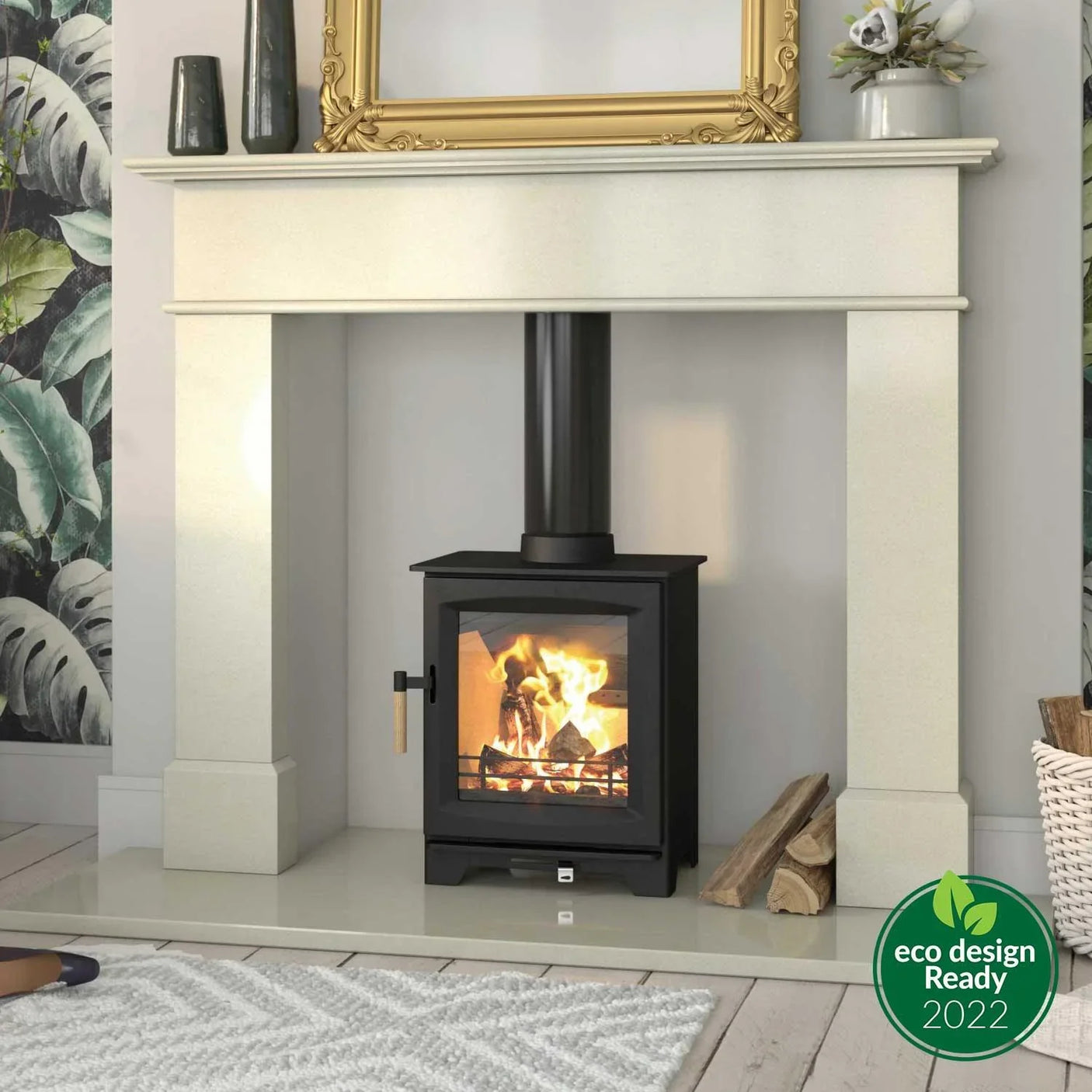 Black 4.9kW eco wood burning stove in fireplace with logs and modern decor