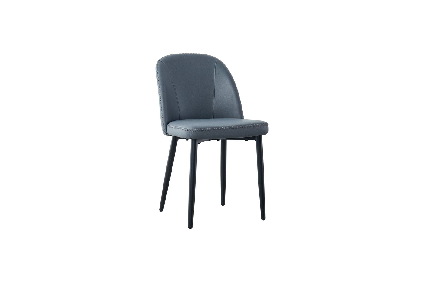 Grey upholstered dining chair with curved backrest and black metal legs on white background