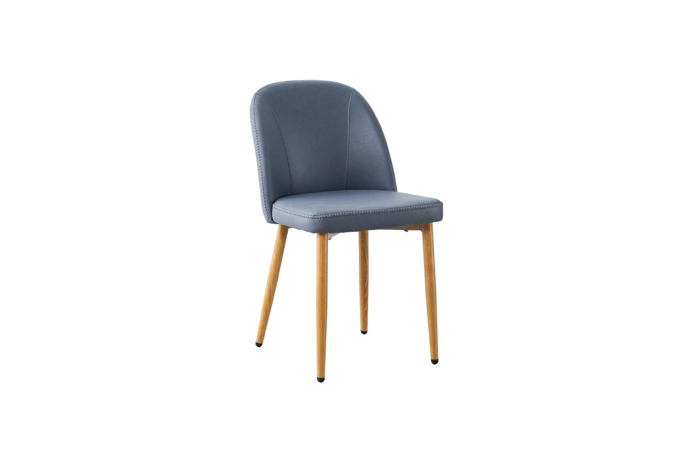 Grey dining chair with padded seat and oak legs on white background