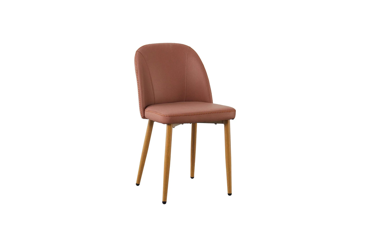 Salmon upholstered dining chair with curved backrest and oak legs on white background
