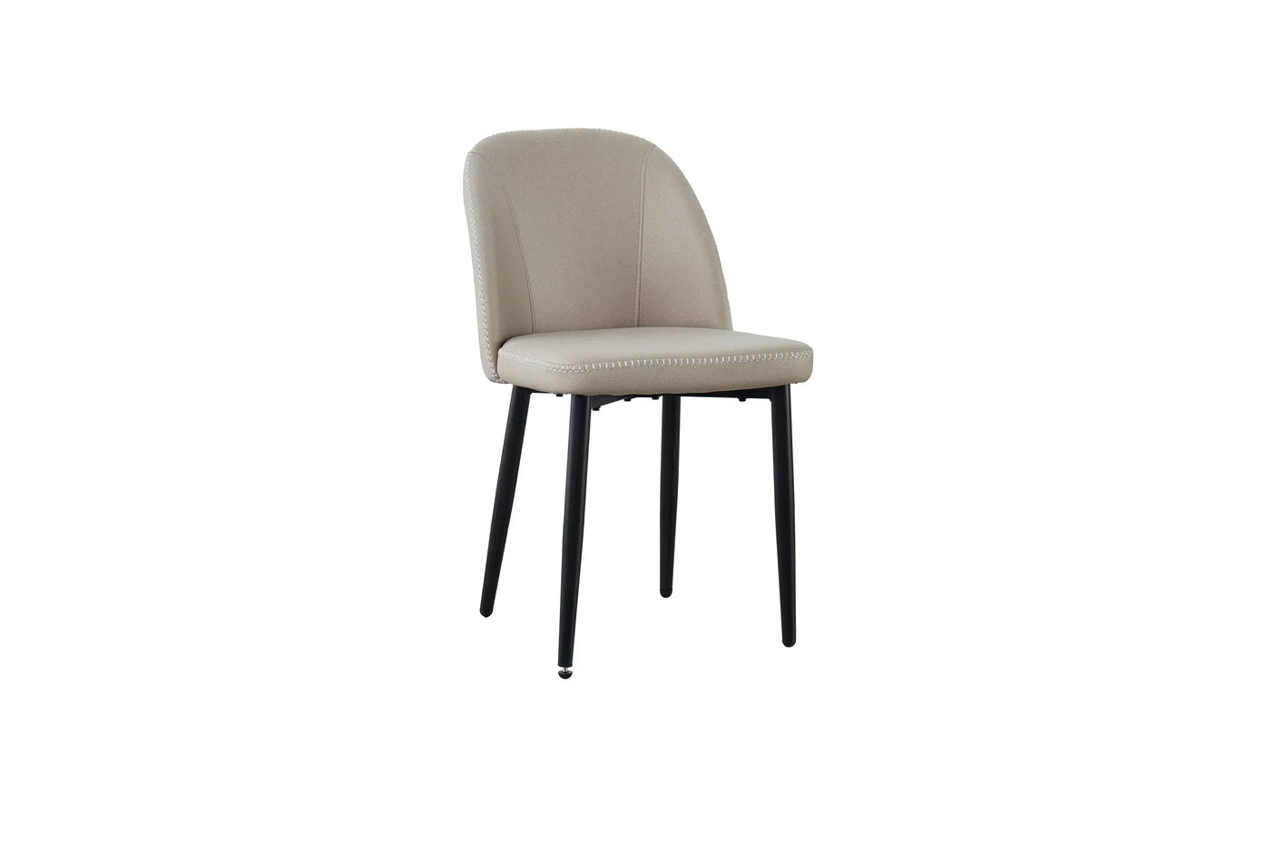 Taupe upholstered dining chair with curved backrest and black metal legs