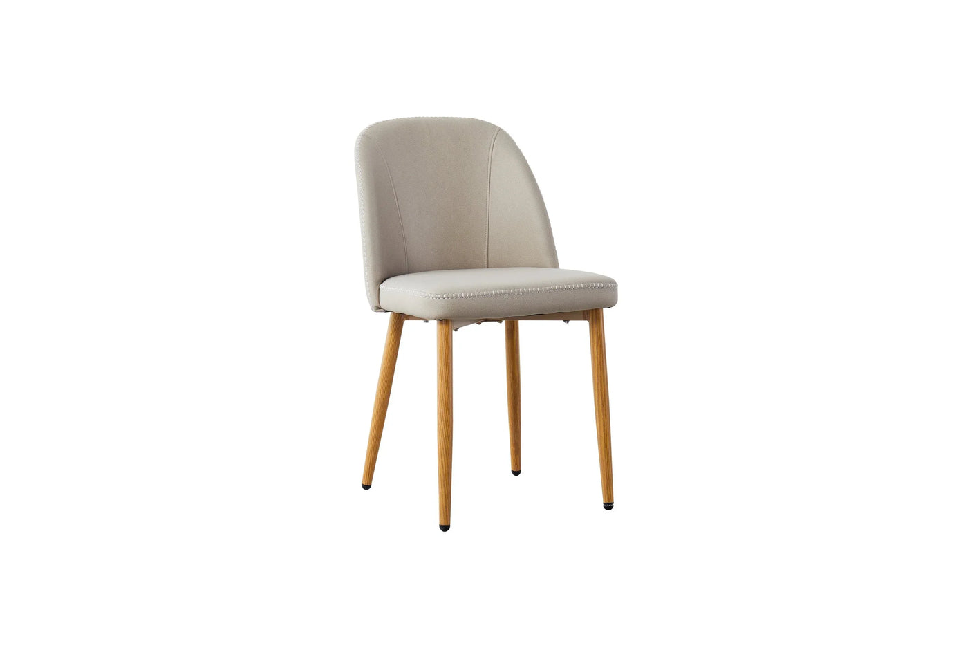 Taupe dining chair with oak legs and curved backrest on white background