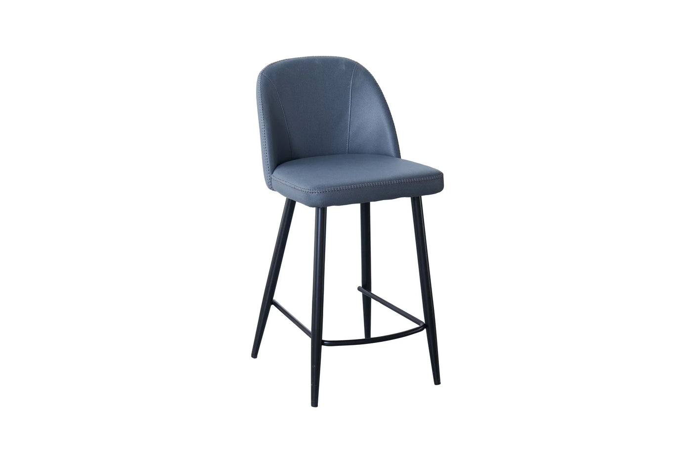 Grey fabric counter stool with curved backrest and black metal legs