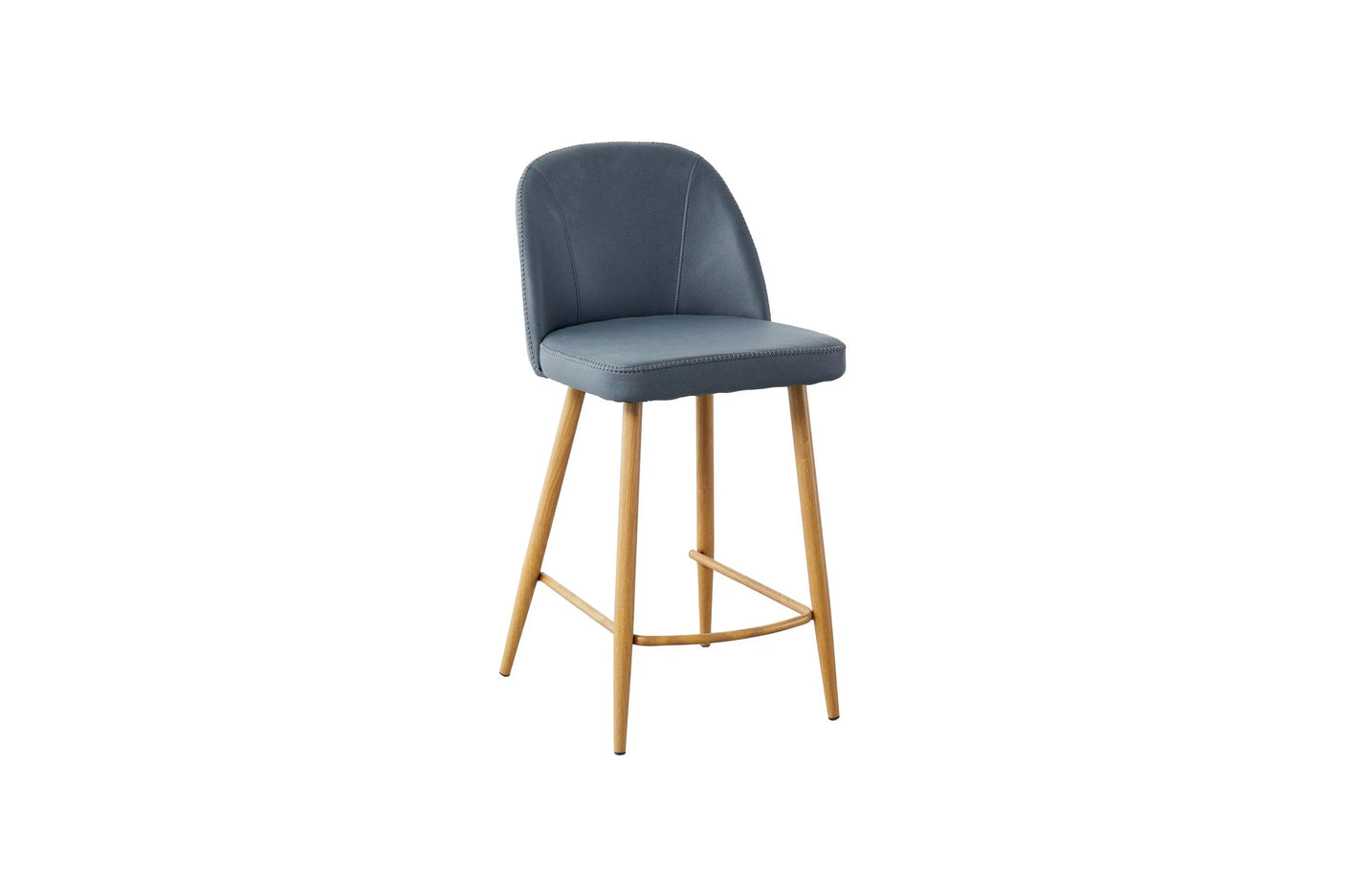 Grey counter stool with curved backrest and oak legs, modern dining seating